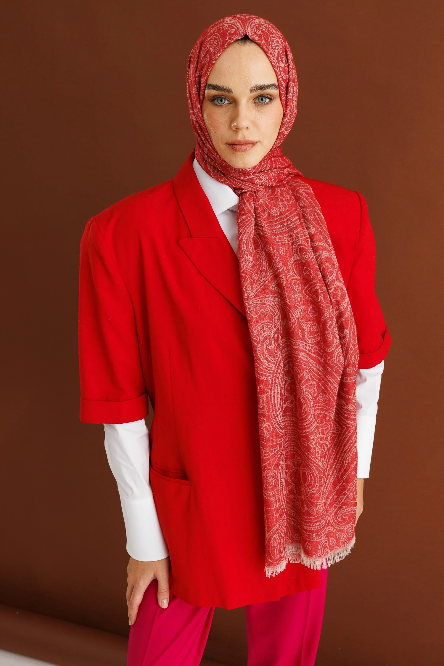 Toptan Rumi Desen Yün Kaşmir Şal - Kırmızı