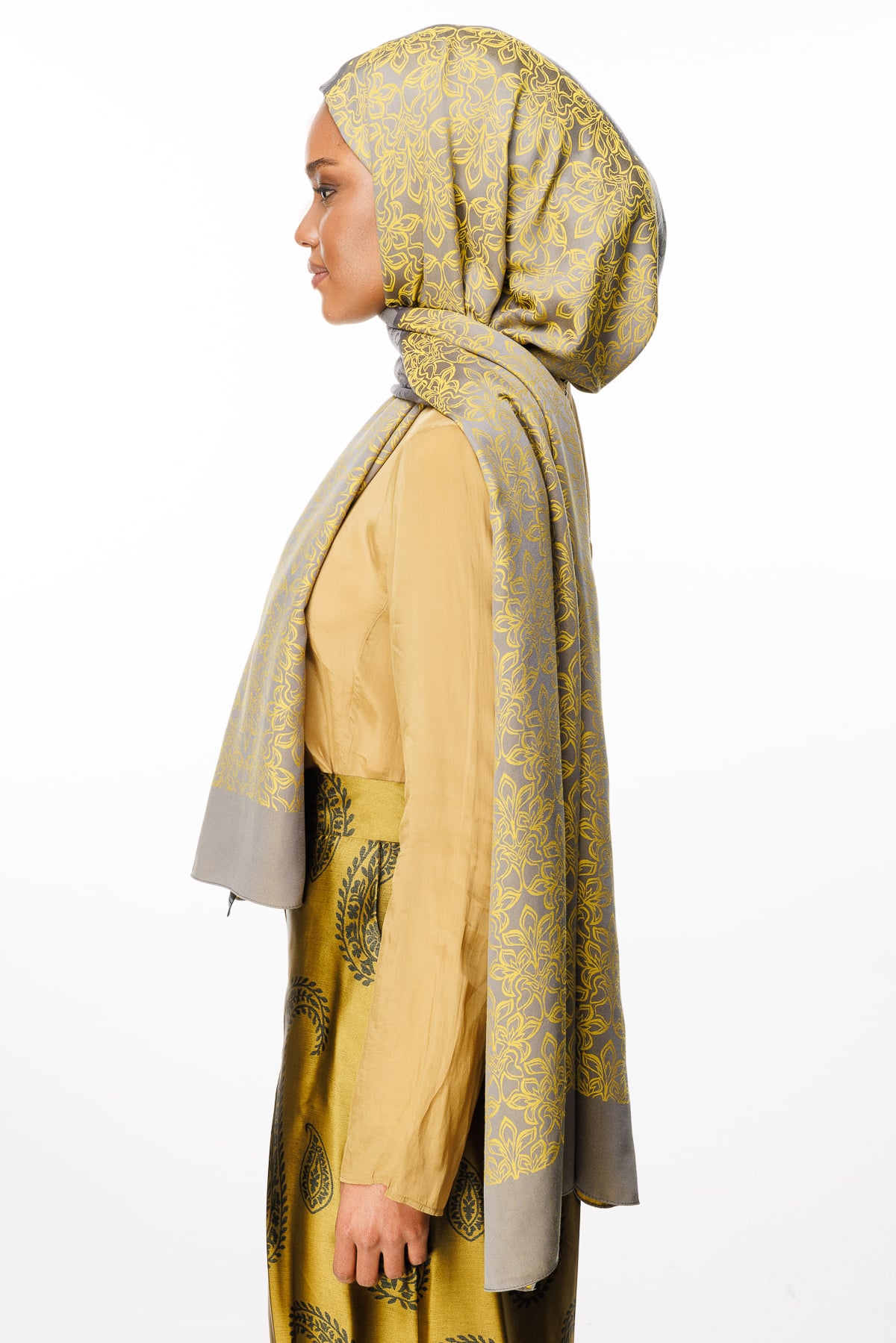 Nora-Pattern Reversible Shawl - Dark Gray-Mustard