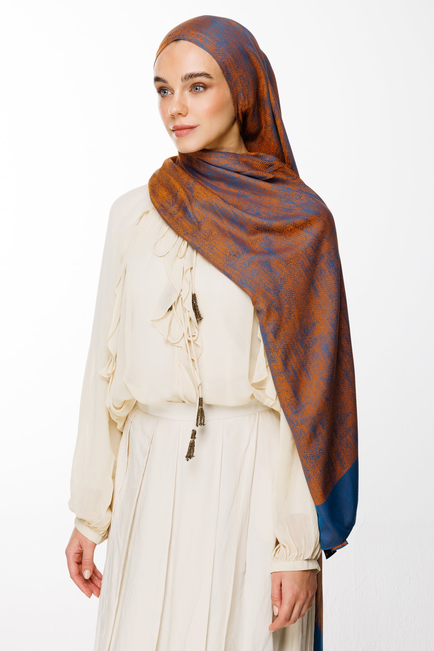 Toptan Sahra Desen Çift Taraflı Şal - Petrol Mavisi-Turuncu