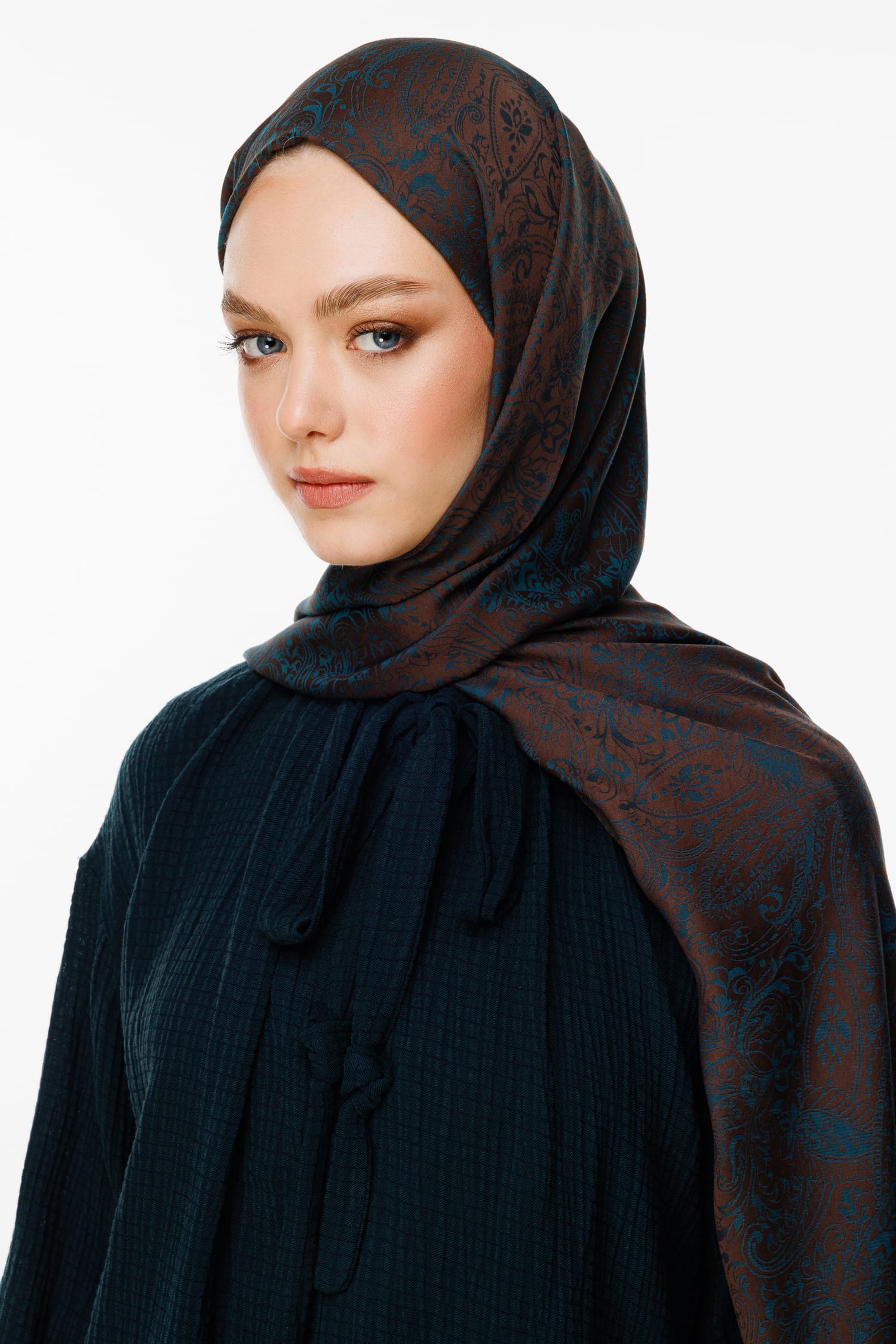 Velora-Pattern Reversible Shawl - Bitter Brown-Petroleum Blue