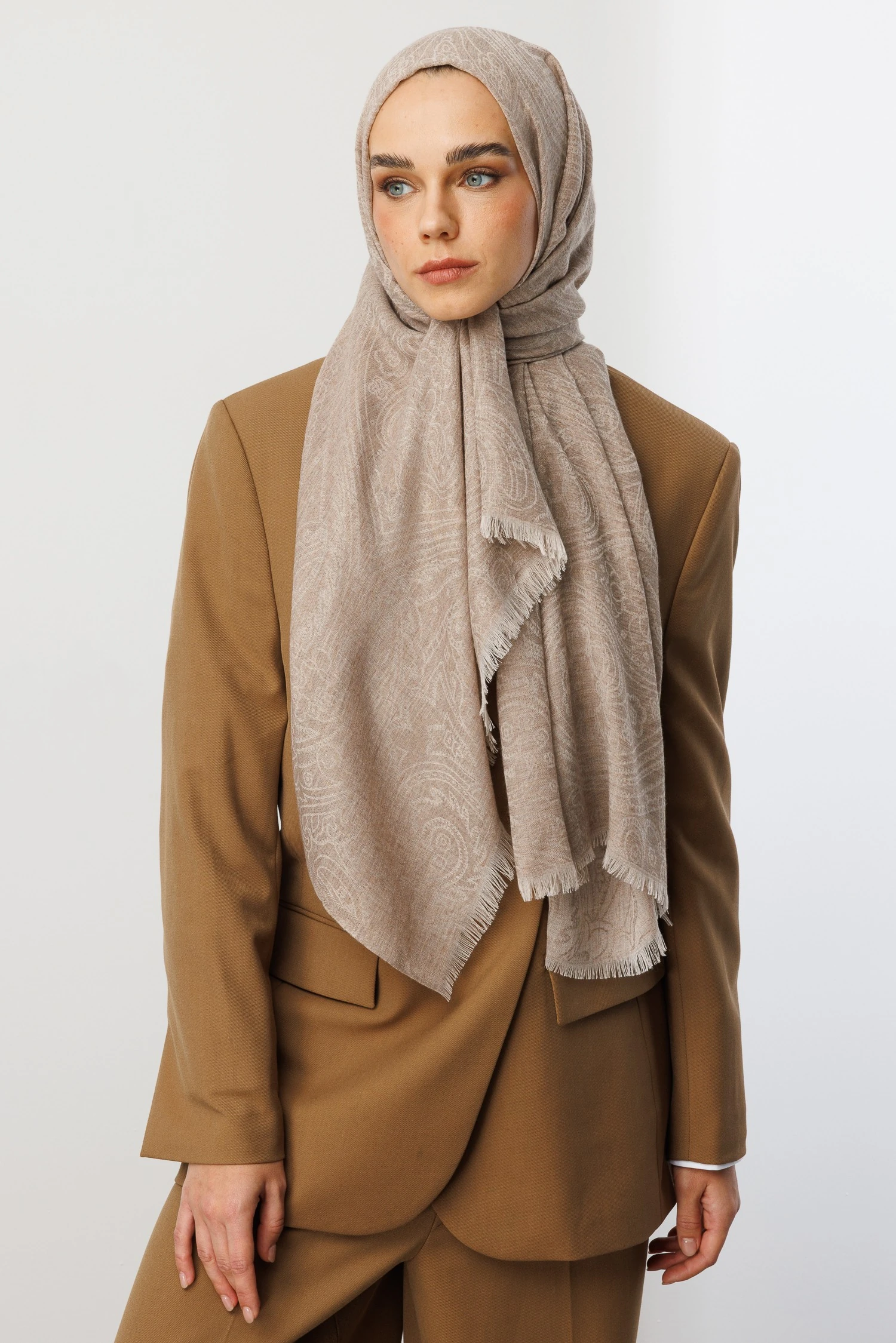 Toptan Rumi Desen Yün Kaşmir Şal - Bej