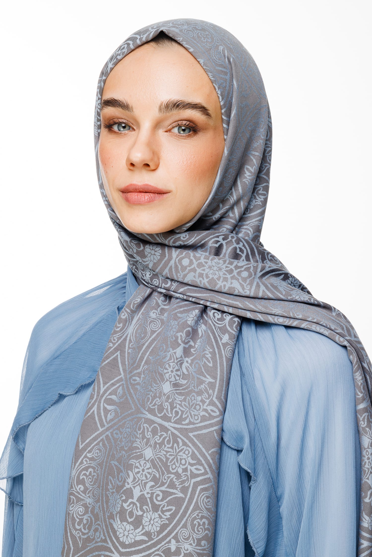 Toptan Morocco Desen Çift Taraflı Şal - Koyu Gri-Açık Mavi