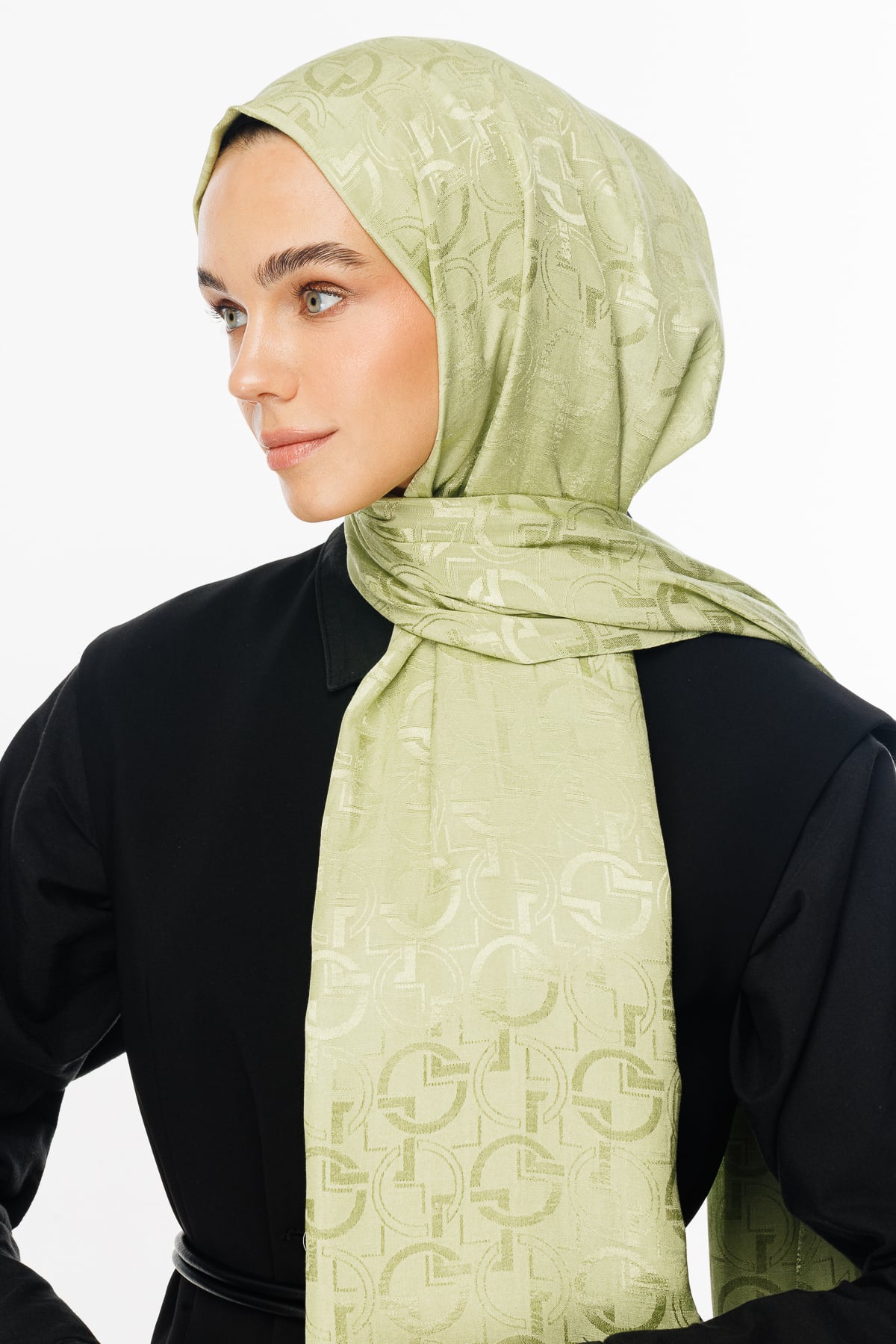 Toptan Longar Desen Parlak Jakar Şal - Fıstık Yeşili
