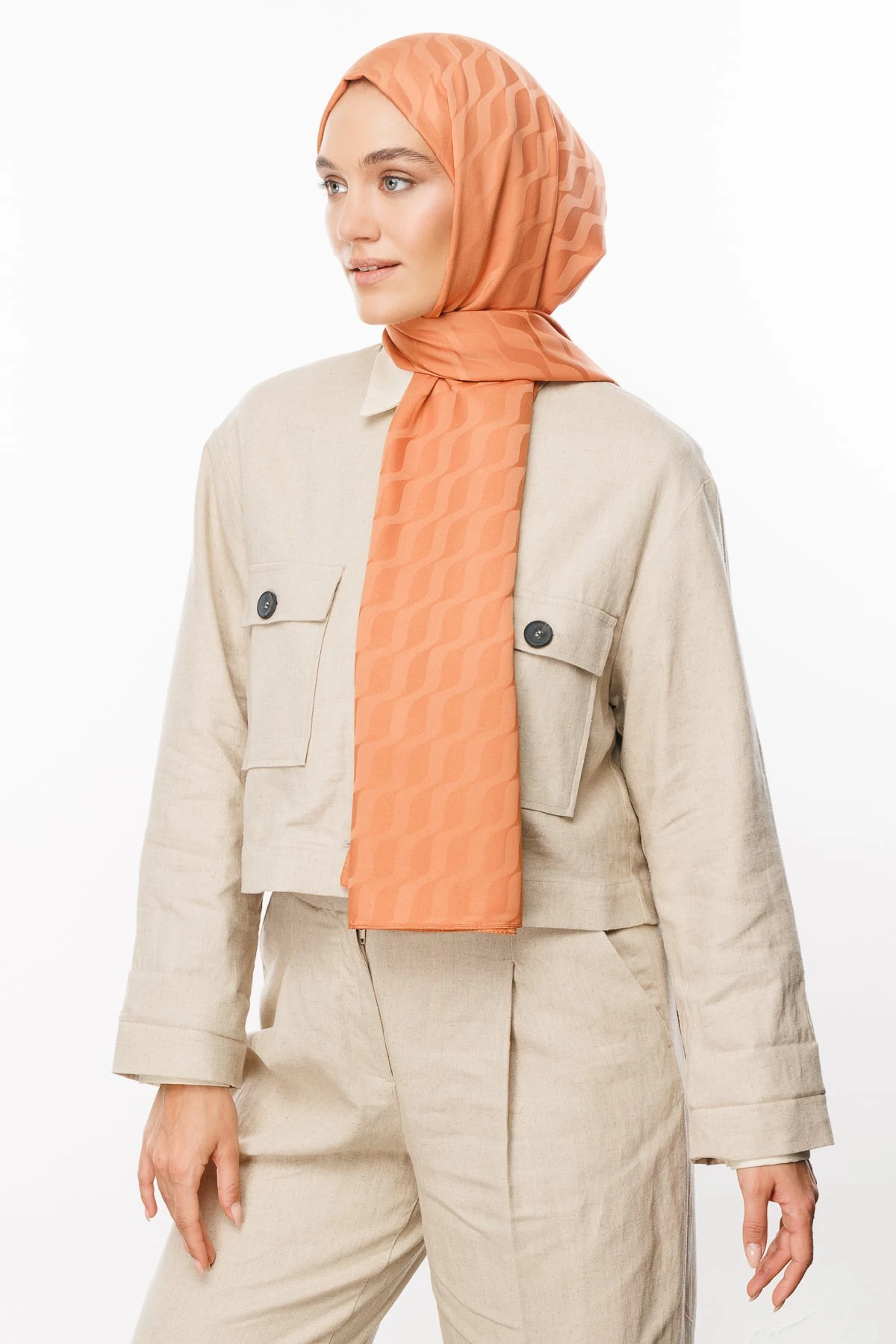 Toptan Dalga Desen İpeksi Jakar Şal - Yavruağzı