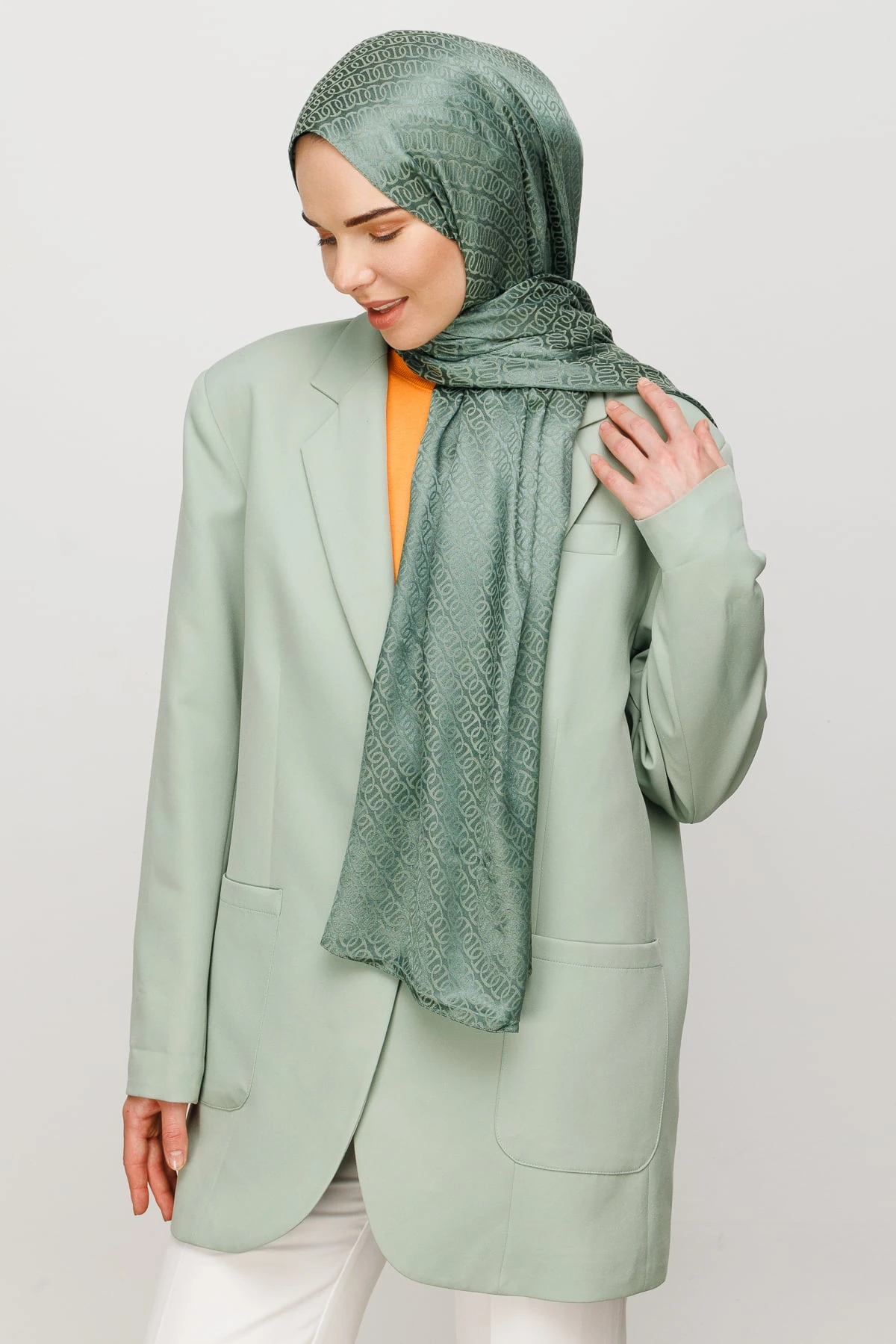 Toptan Forever Desen Parlak Jakar Şal - Küf Yeşili