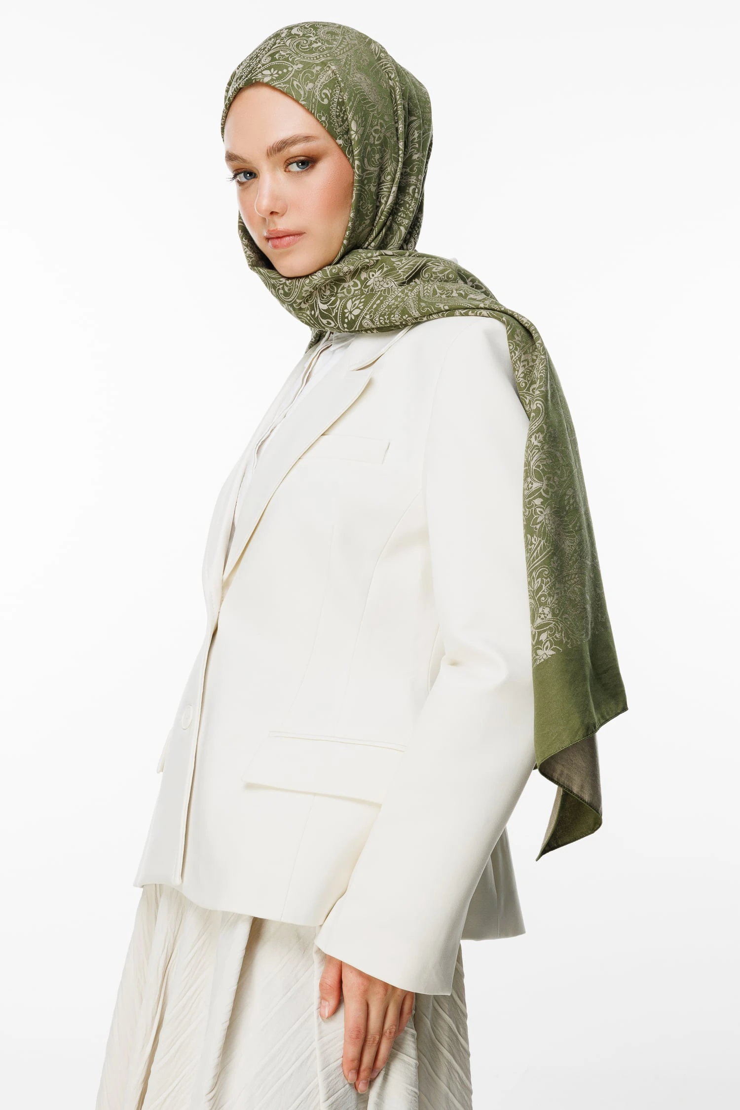 Toptan Velora Desen Çift Taraflı Şal - Haki-Somon