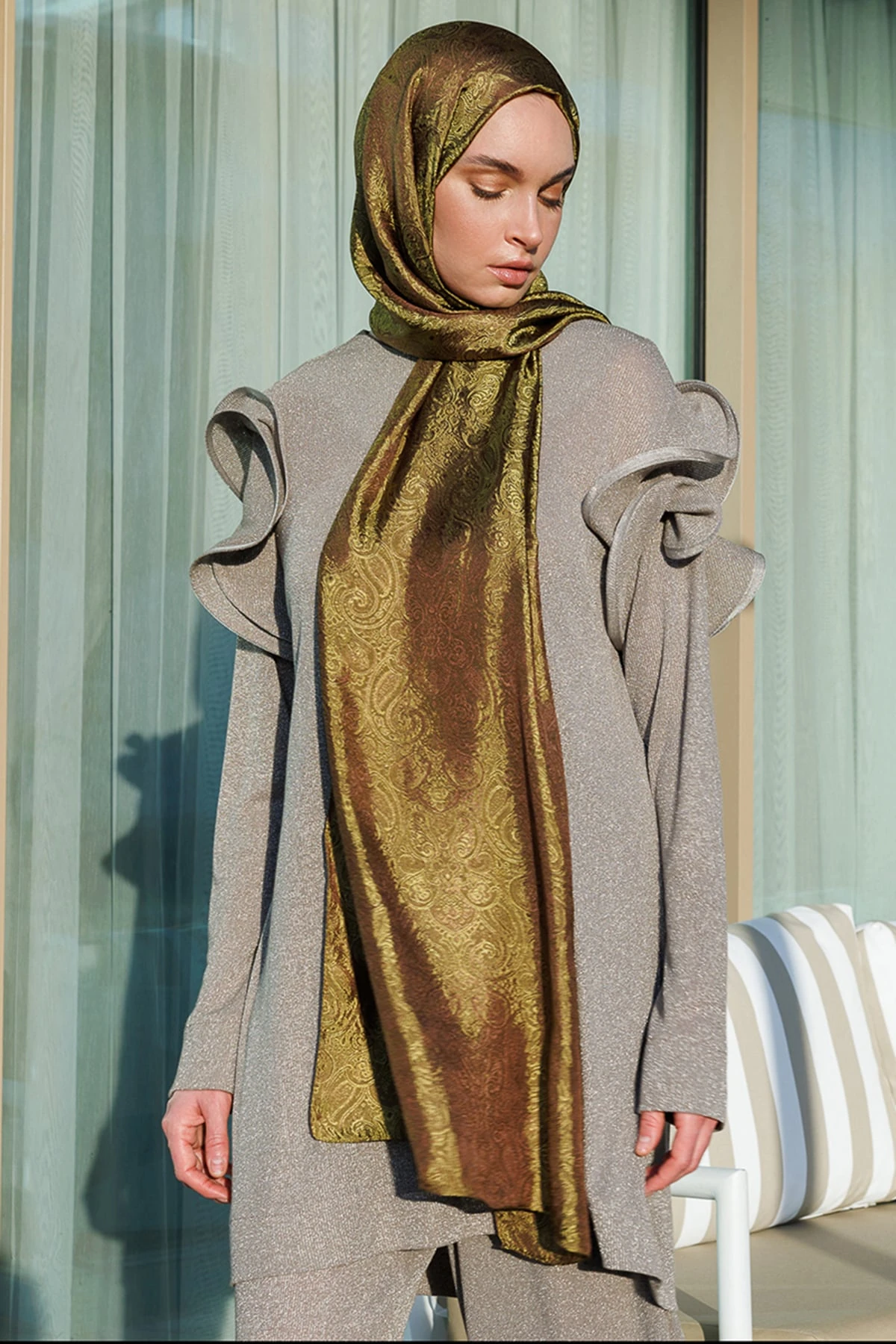 Toptan Moren Desen Shine Line Şal - Acı Kahve-Somon