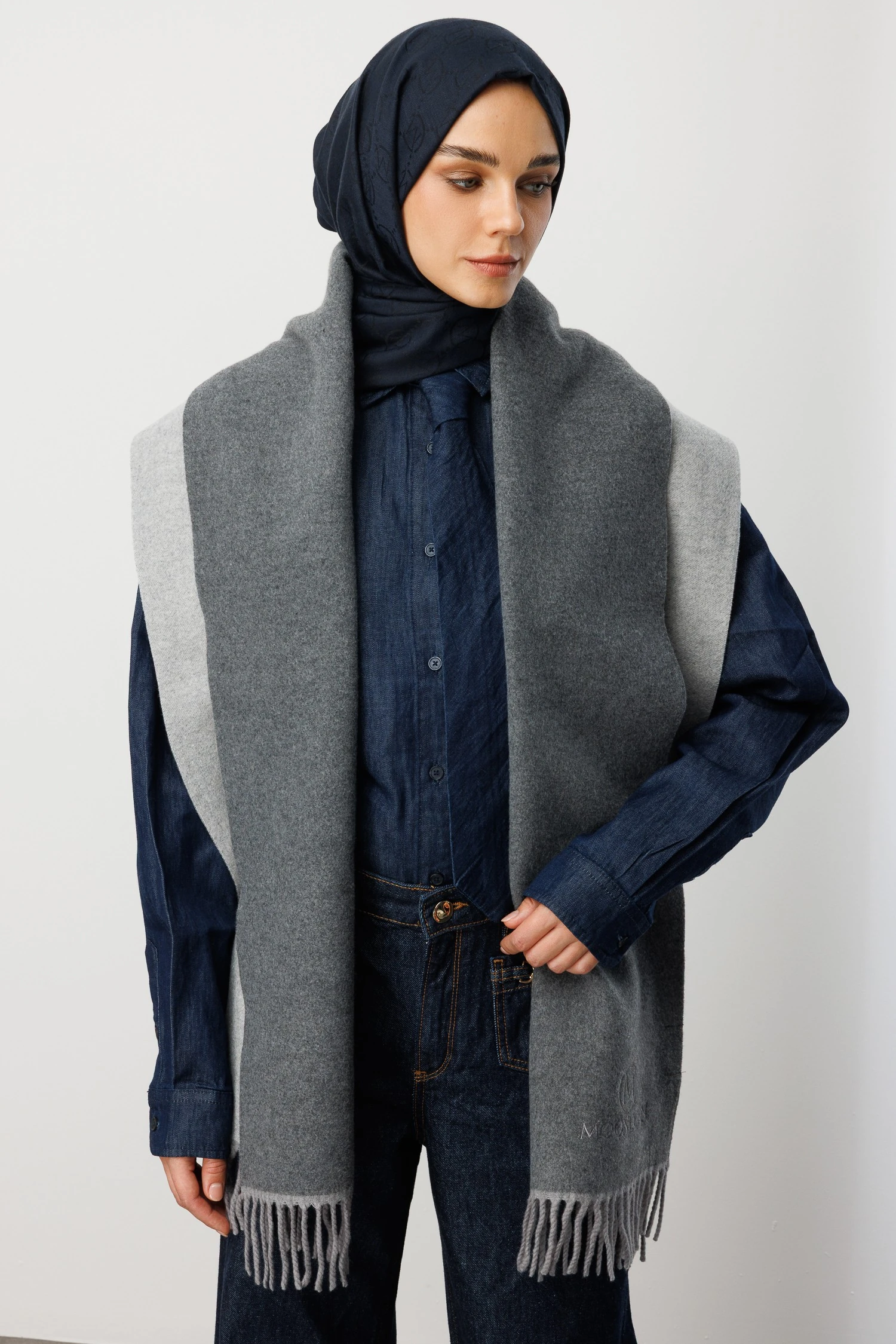 Toptan Çift Taraflı Yün Atkı - Gri Gümüş