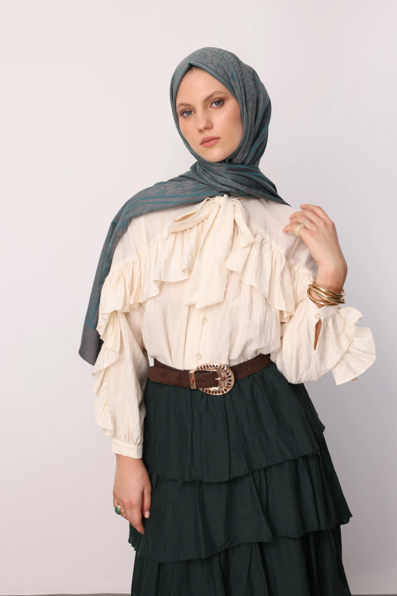 Toptan Lavin Desen Çift Taraflı Şal - Koyu Gri-Zümrüt