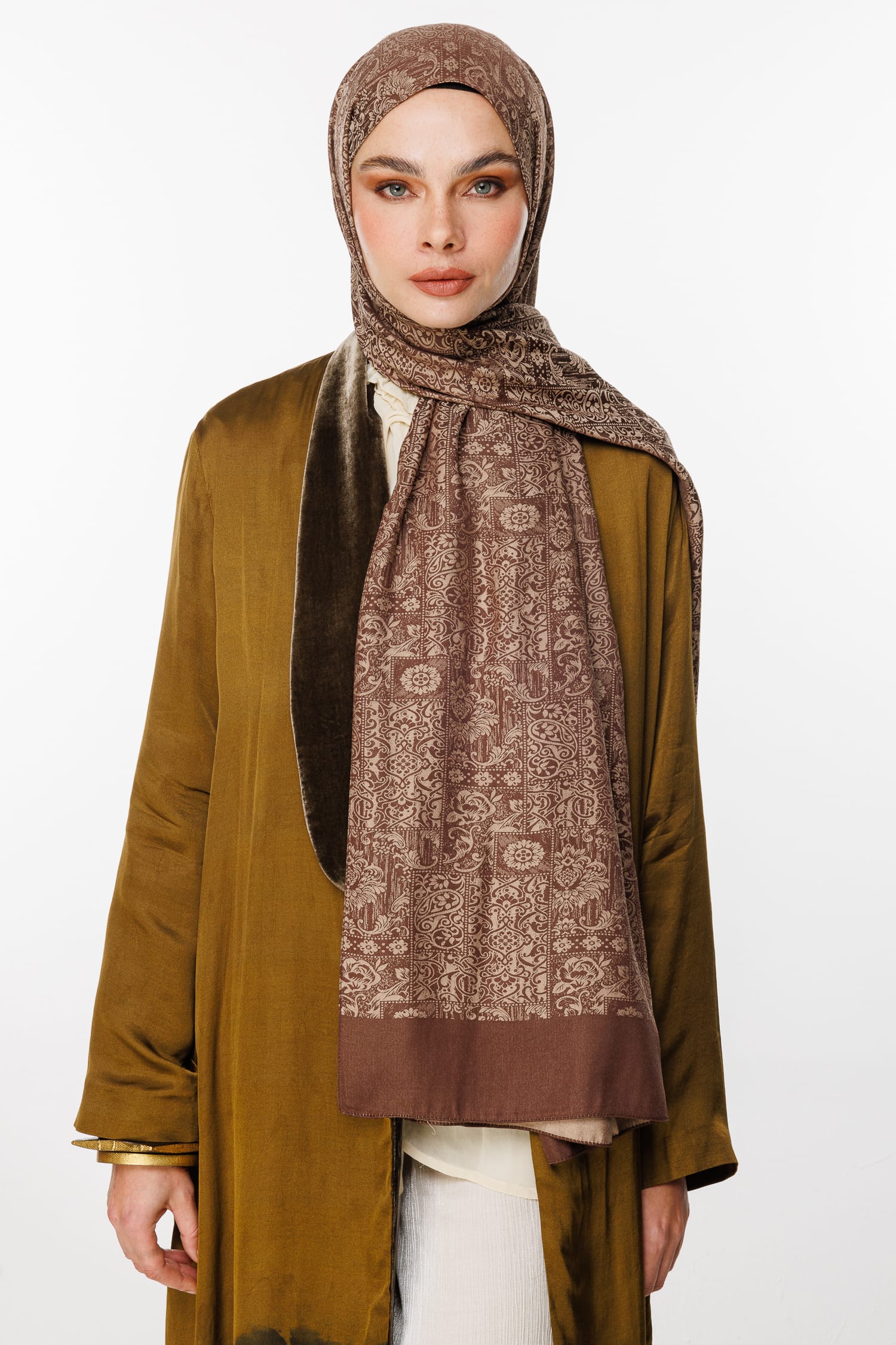 Toptan Henna Desen Çift Taraflı Şal - Acı Kahve-Bej