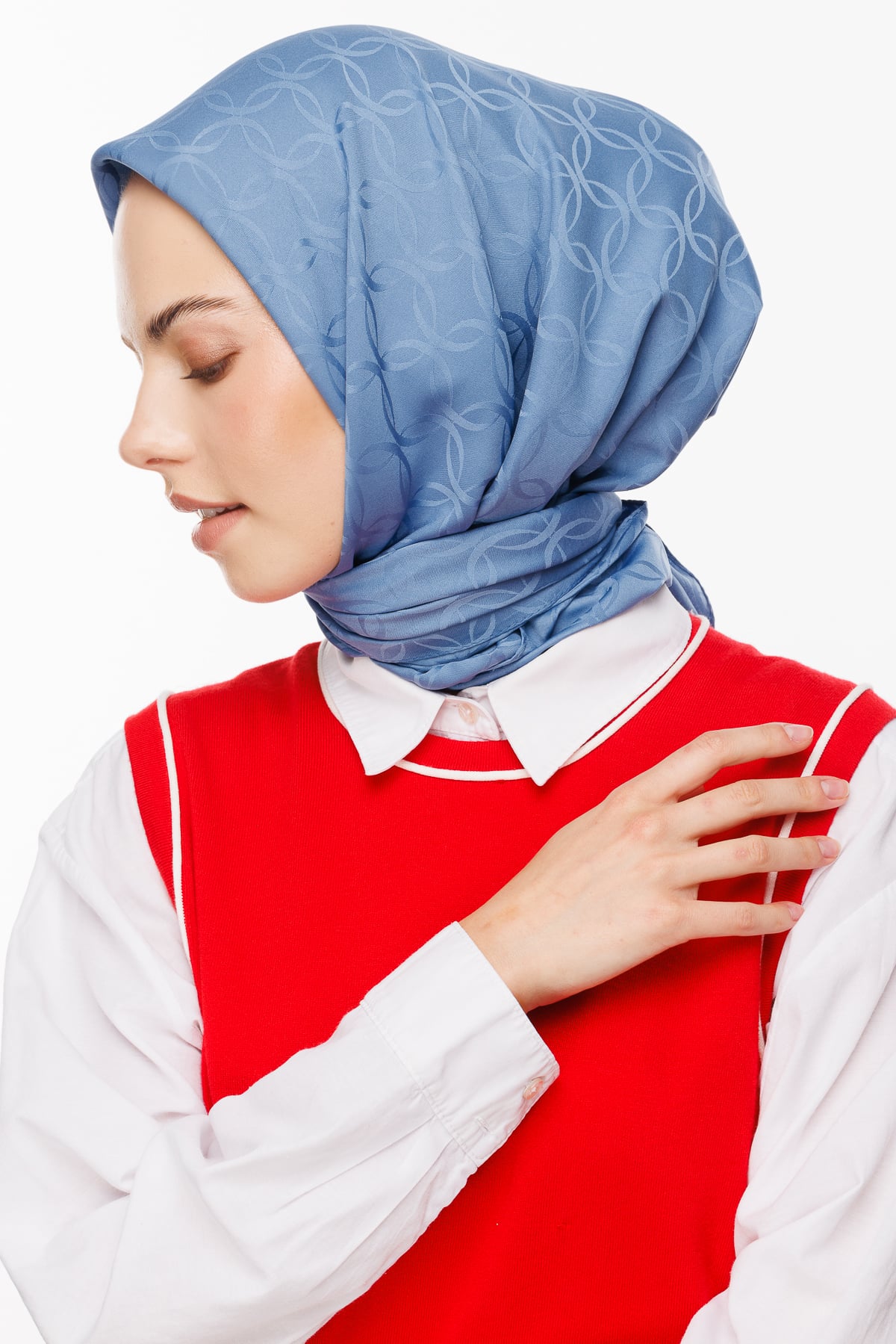 Toptan London Desen İpeksi Jakar Eşarp - Gök Mavisi