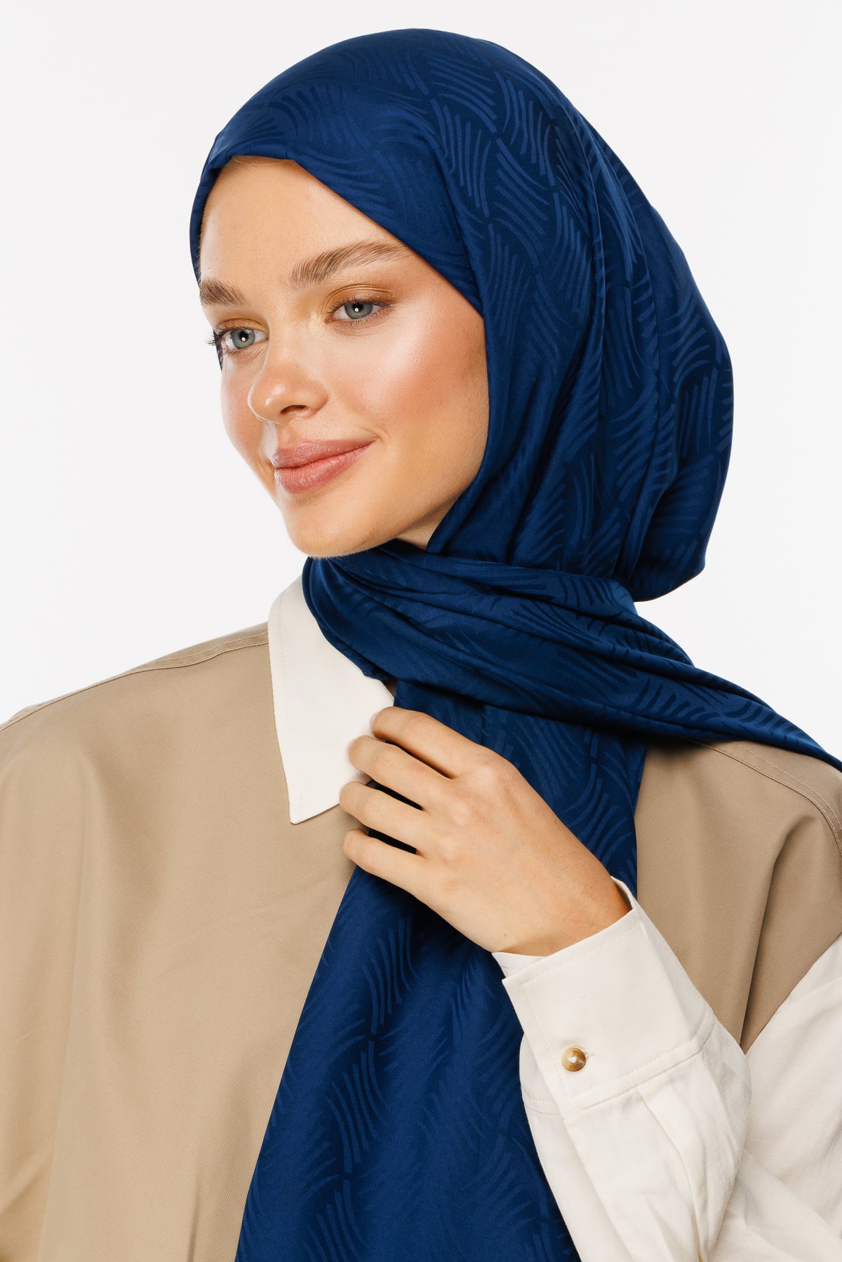 Toptan Aura Desen İpeksi Jakar Şal - Lacivert