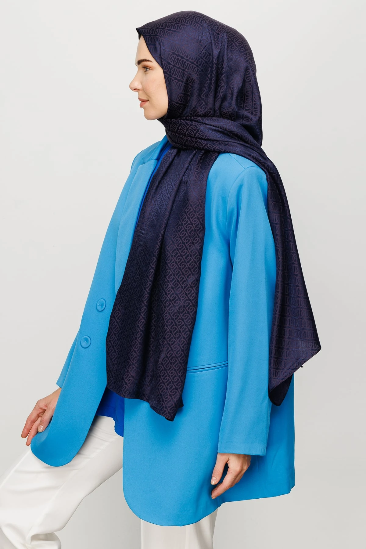 Wholesale Forever Pattern Shiny Jacquard Shawl - Navy Blue