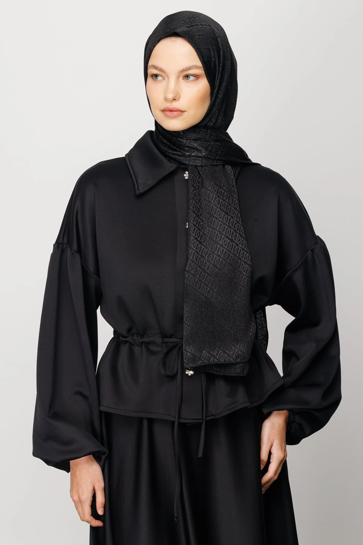 Wholesale Forever Pattern Shiny Jacquard Shawl - Black