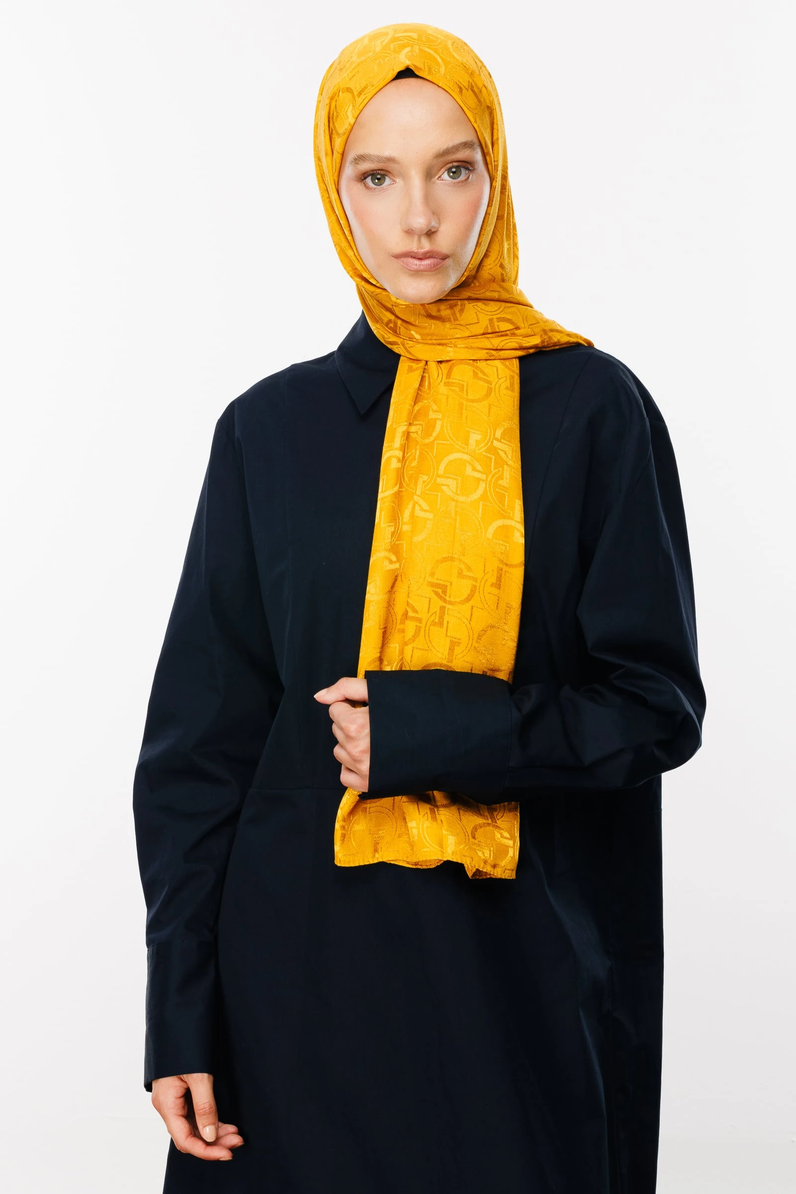 Toptan Longar Desen Parlak Jakar Şal - Safran