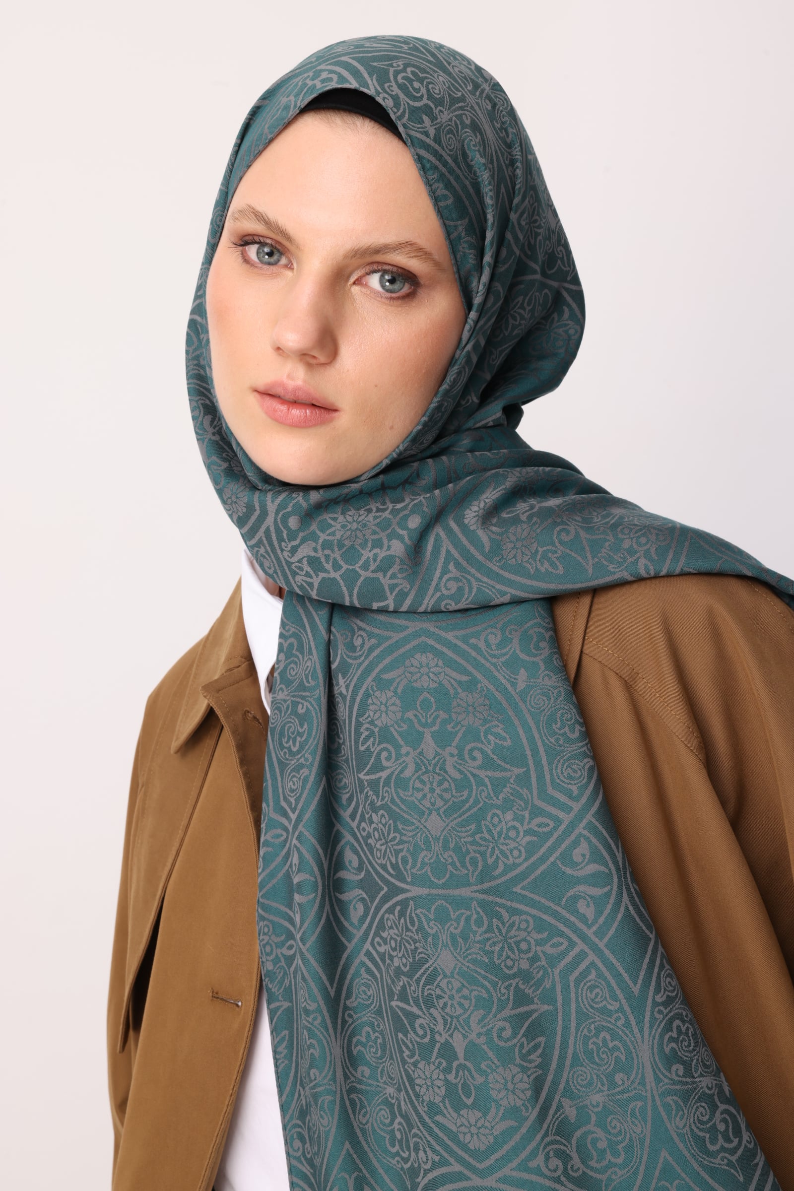 Toptan Morocco Desen Çift Taraflı Şal - Koyu Gri-Zümrüt