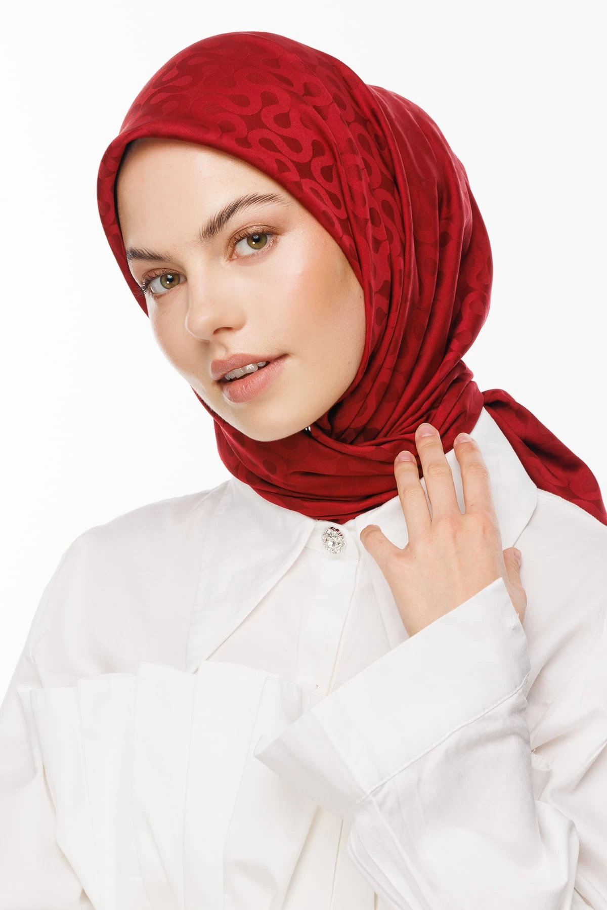 Toptan Moon Desen İpeksi Jakar Eşarp - Bordo