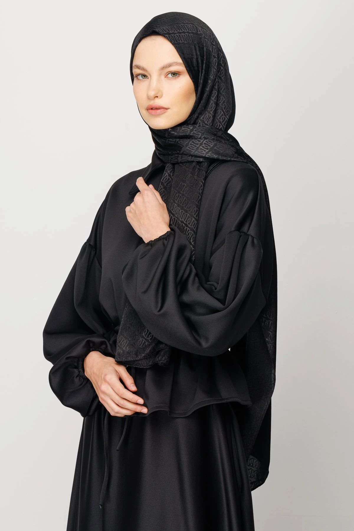 Wholesale Forever Pattern Shiny Jacquard Shawl - Black