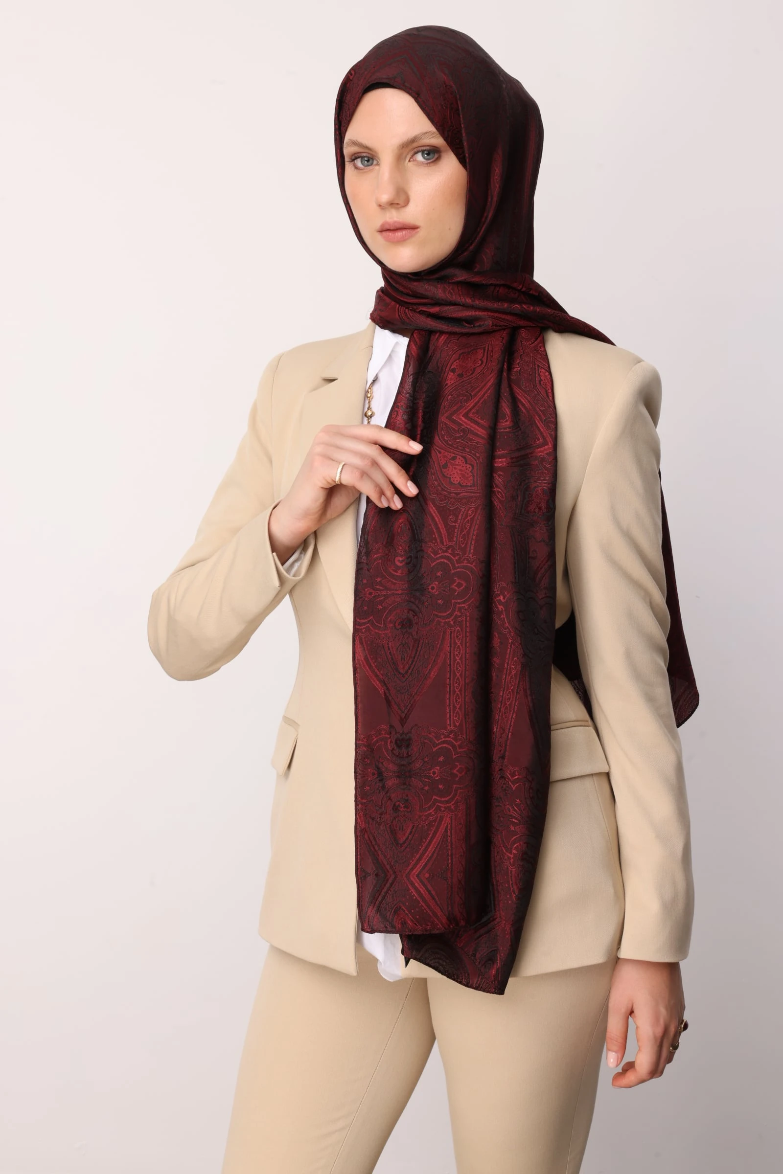 Toptan Liva Desen Shine Line Şal - Siyah-Bordo