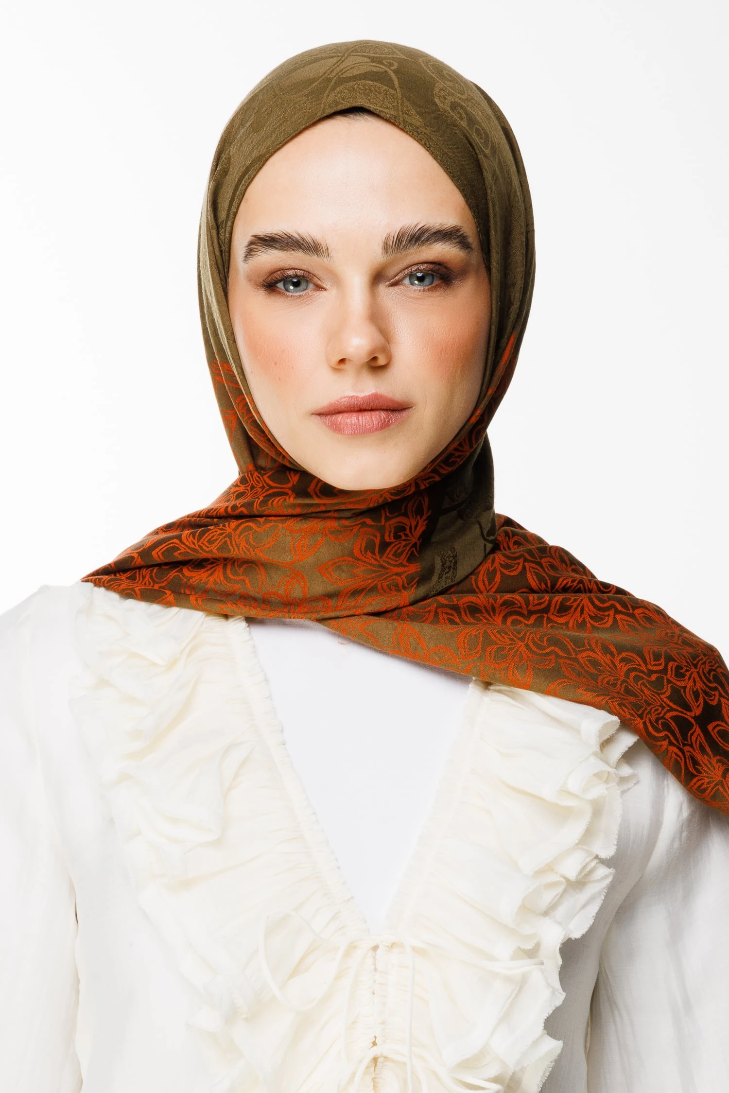 Toptan Nora Desen Çift Taraflı Şal - Koyu Haki-Tarçın