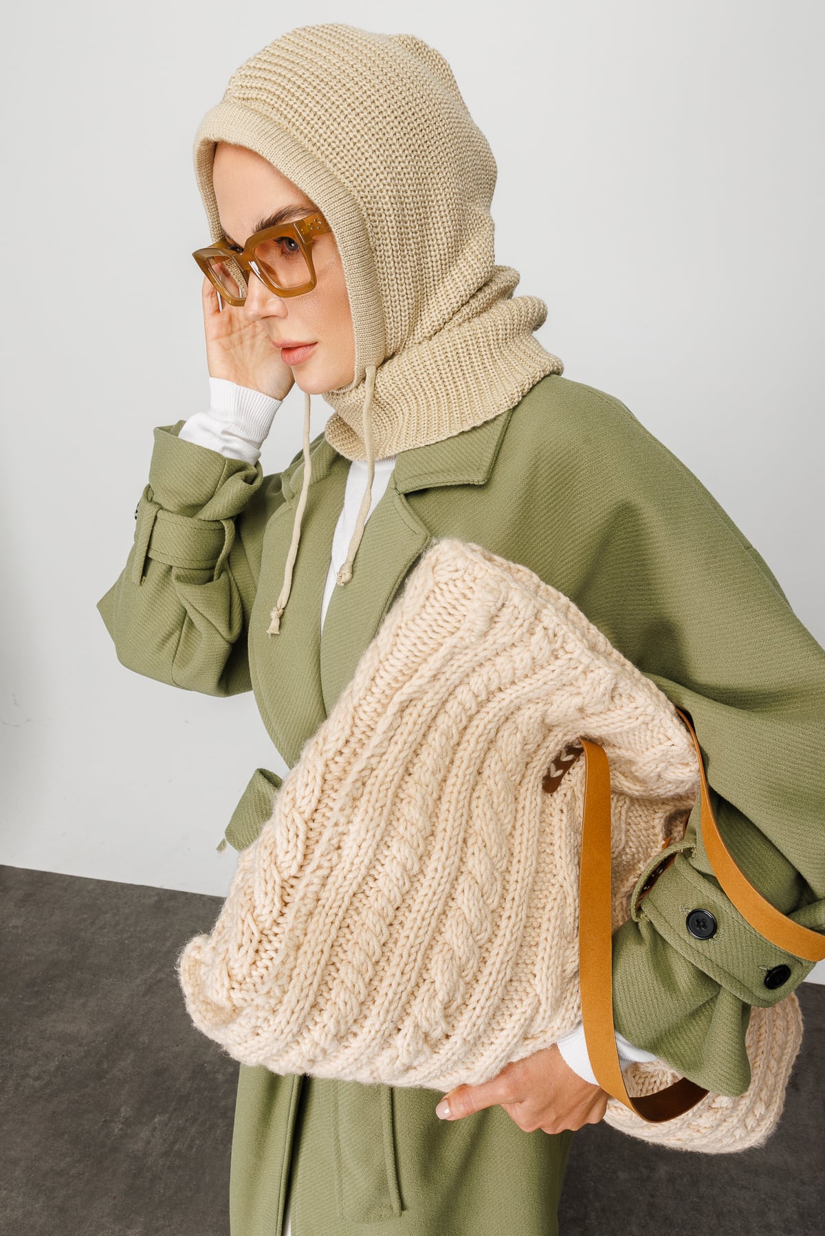 Toptan Balaclava Triko Başlık - Bej