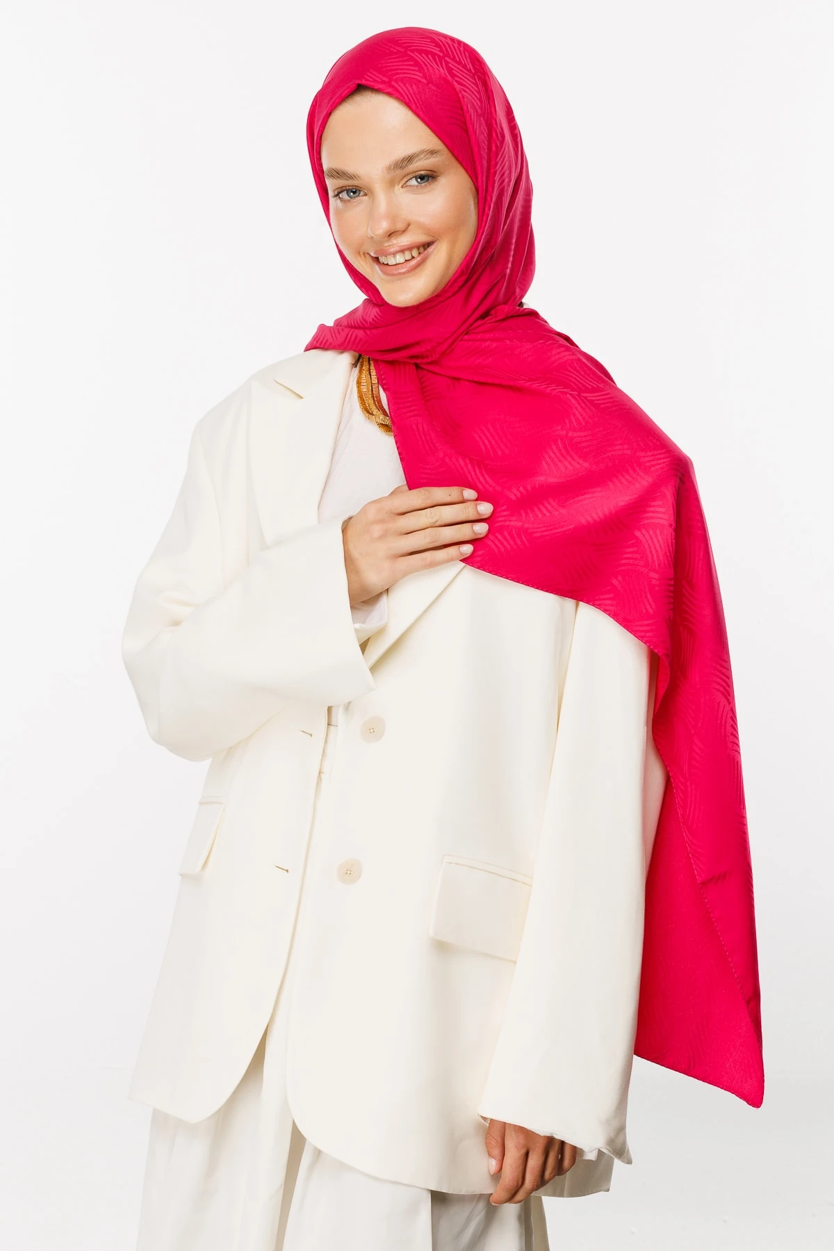 Toptan Aura Desen İpeksi Jakar Şal - Fuşya