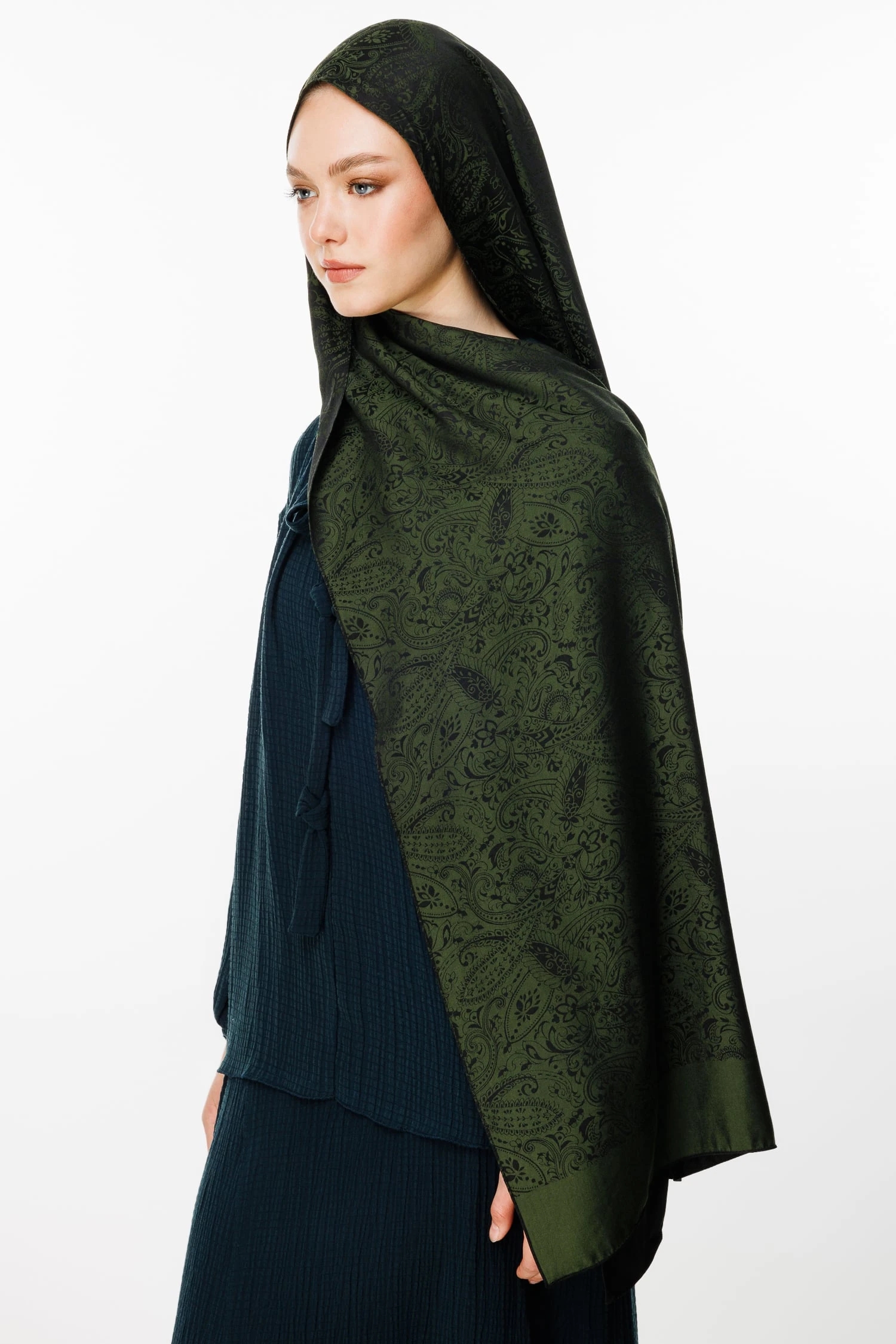 Toptan Velora Desen Çift Taraflı Şal - Siyah-Haki