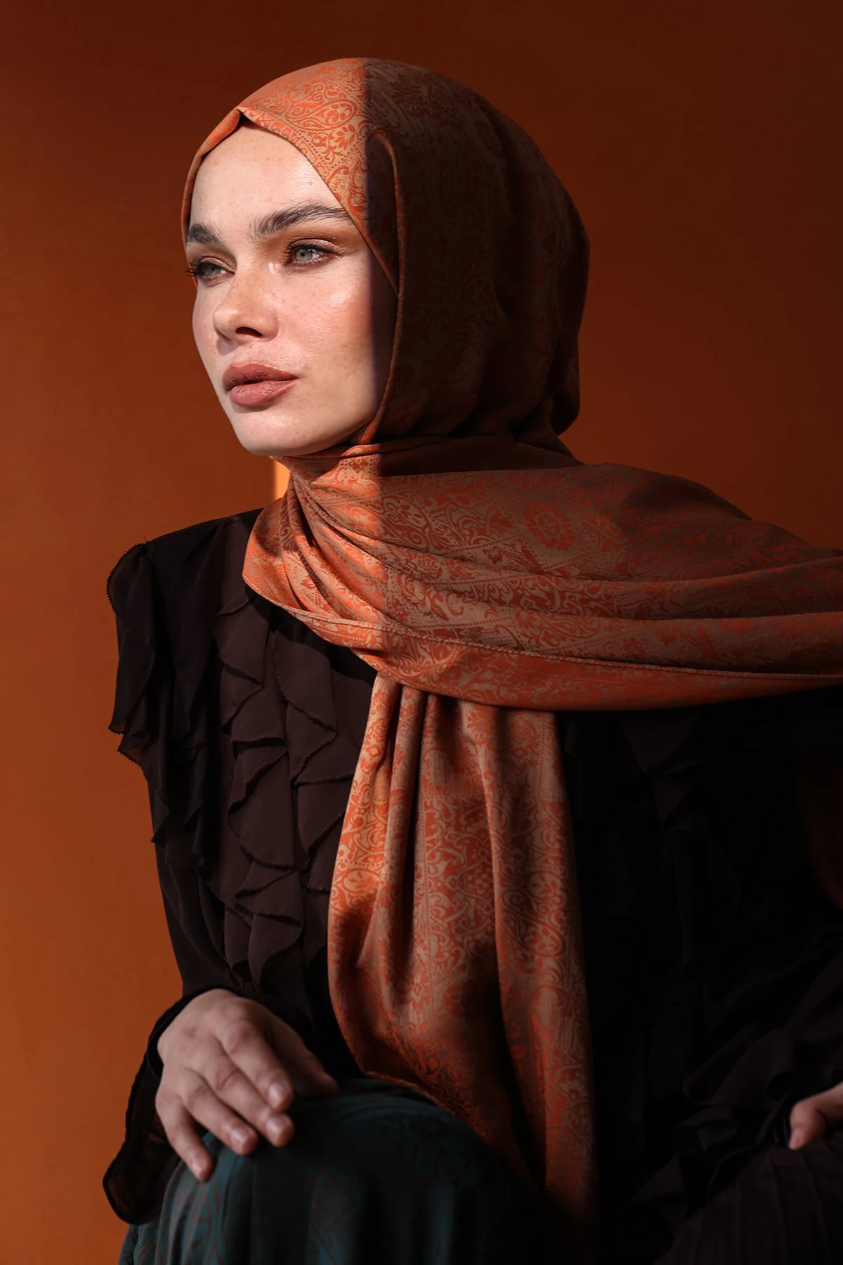 Toptan Henna Desen Çift Taraflı Şal - Tarçın-Bej