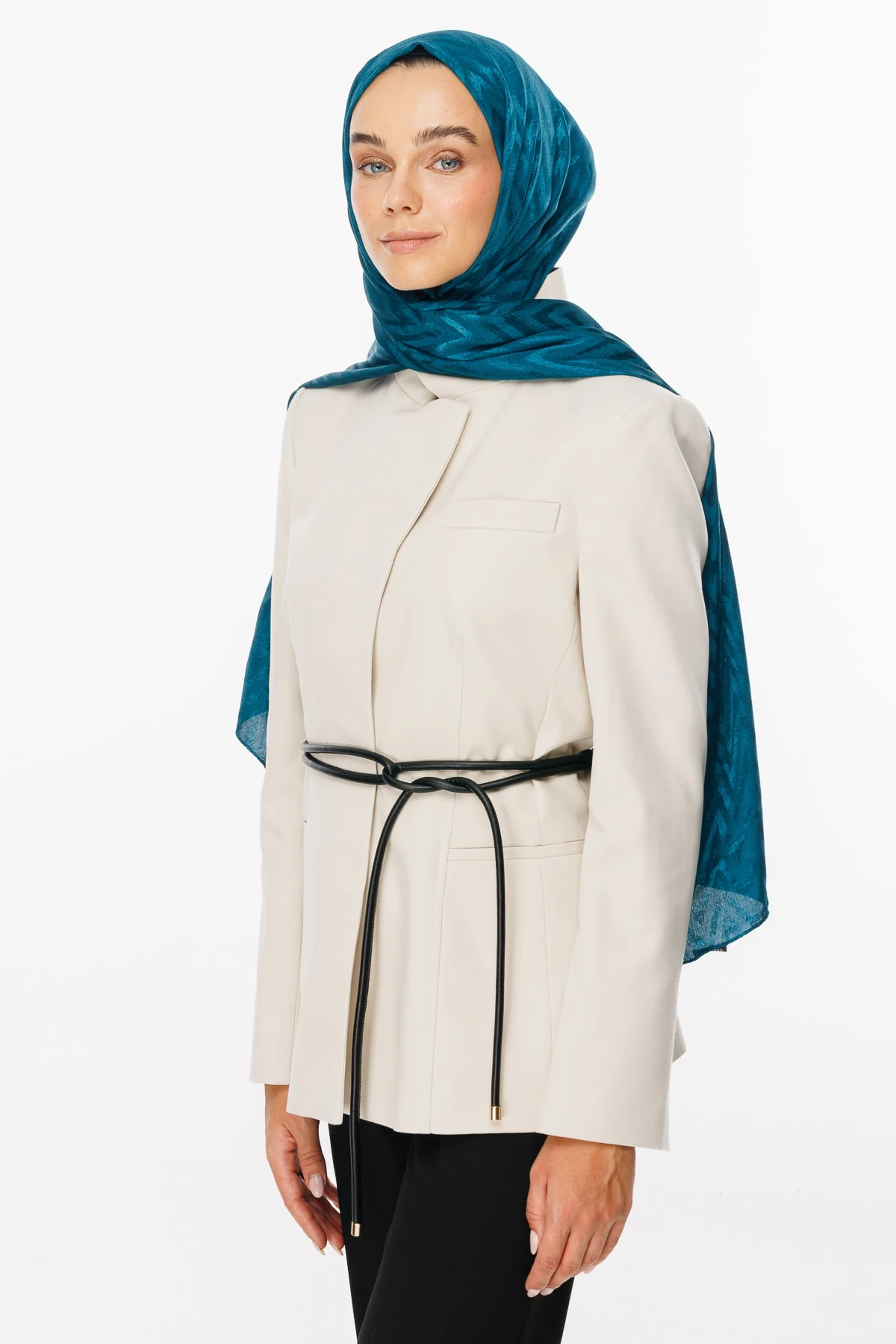 Zigzag Pattern Shiny Jacquard Shawl - Petrol Blue