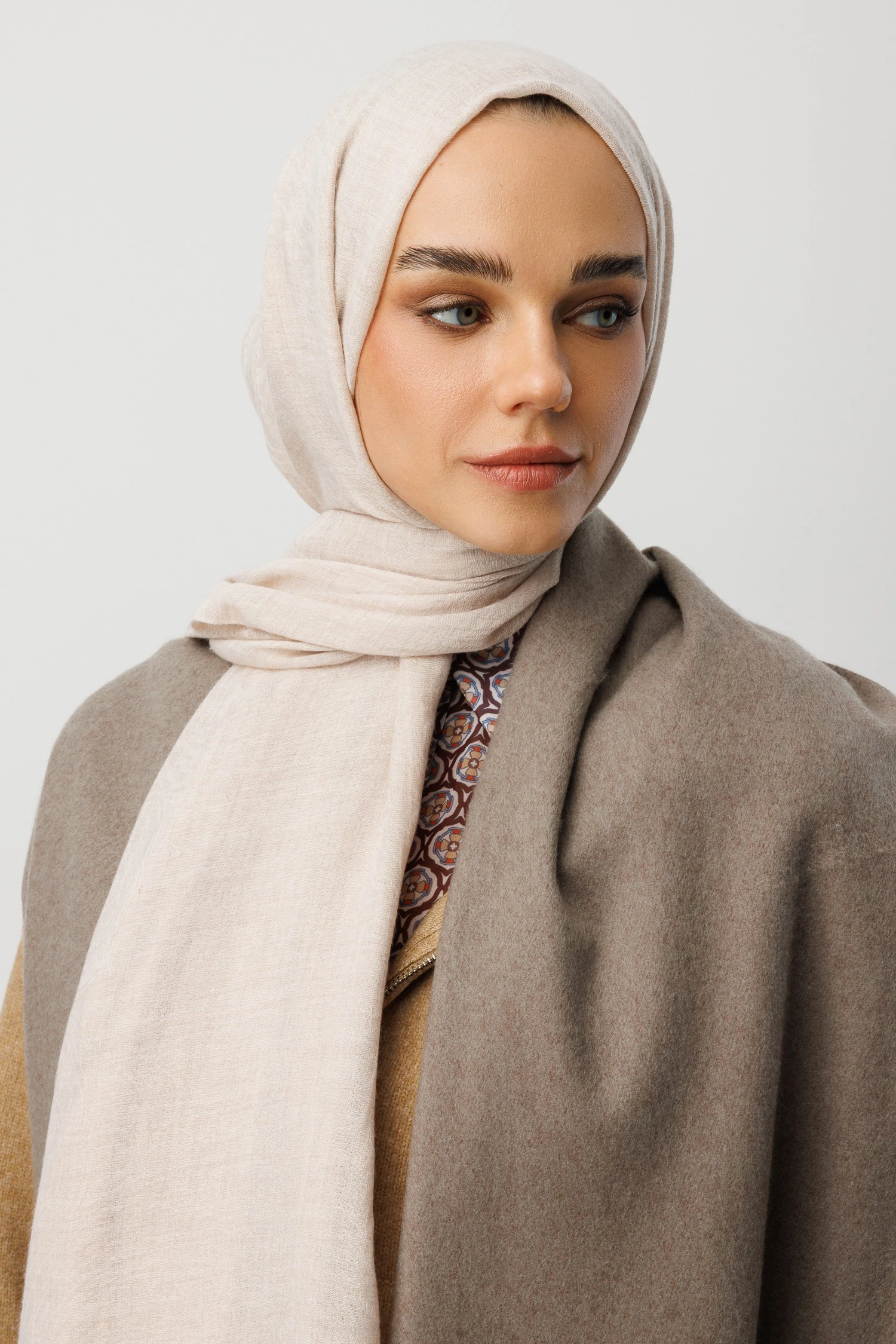 Toptan Rumi Desen Yün Kaşmir Şal - Taş Rengi