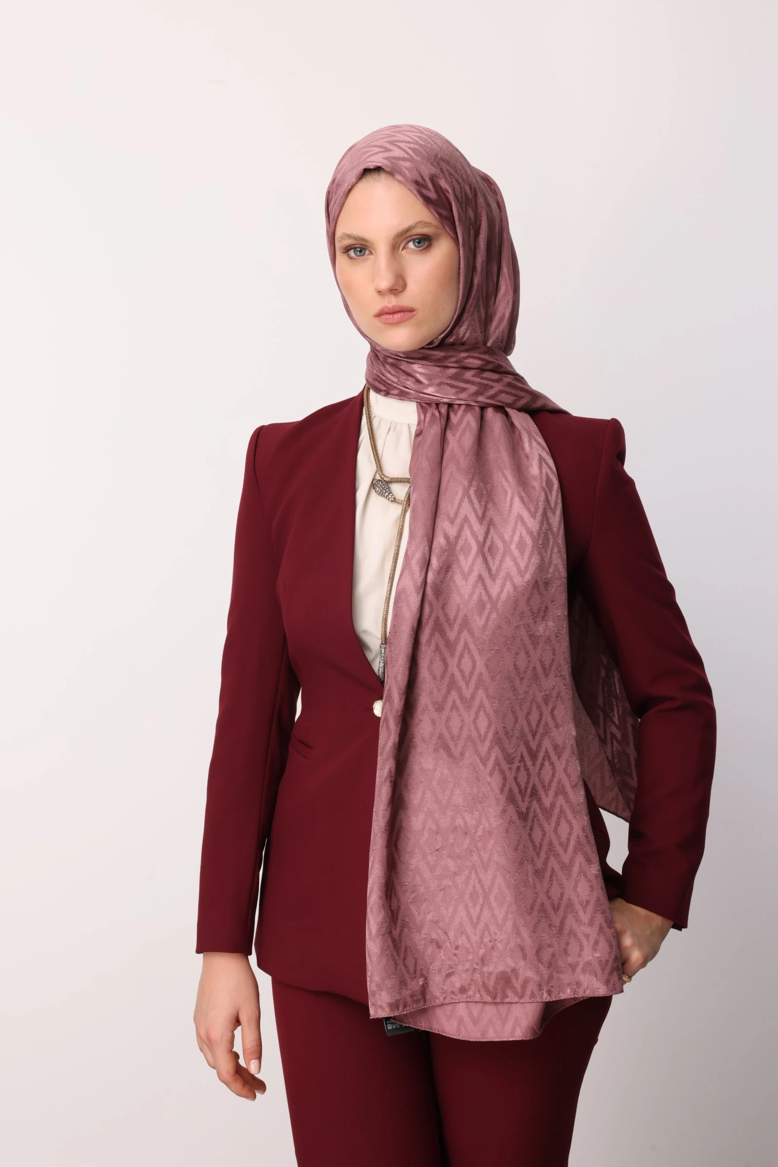 Toptan Karo Desen Parlak Jakar Şal - Gül Kurusu