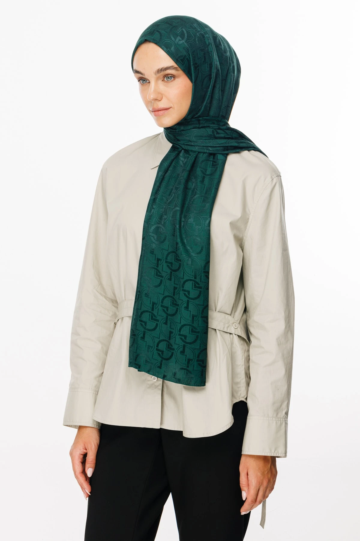 Toptan Longar Desen Parlak Jakar Şal - Zümrüt