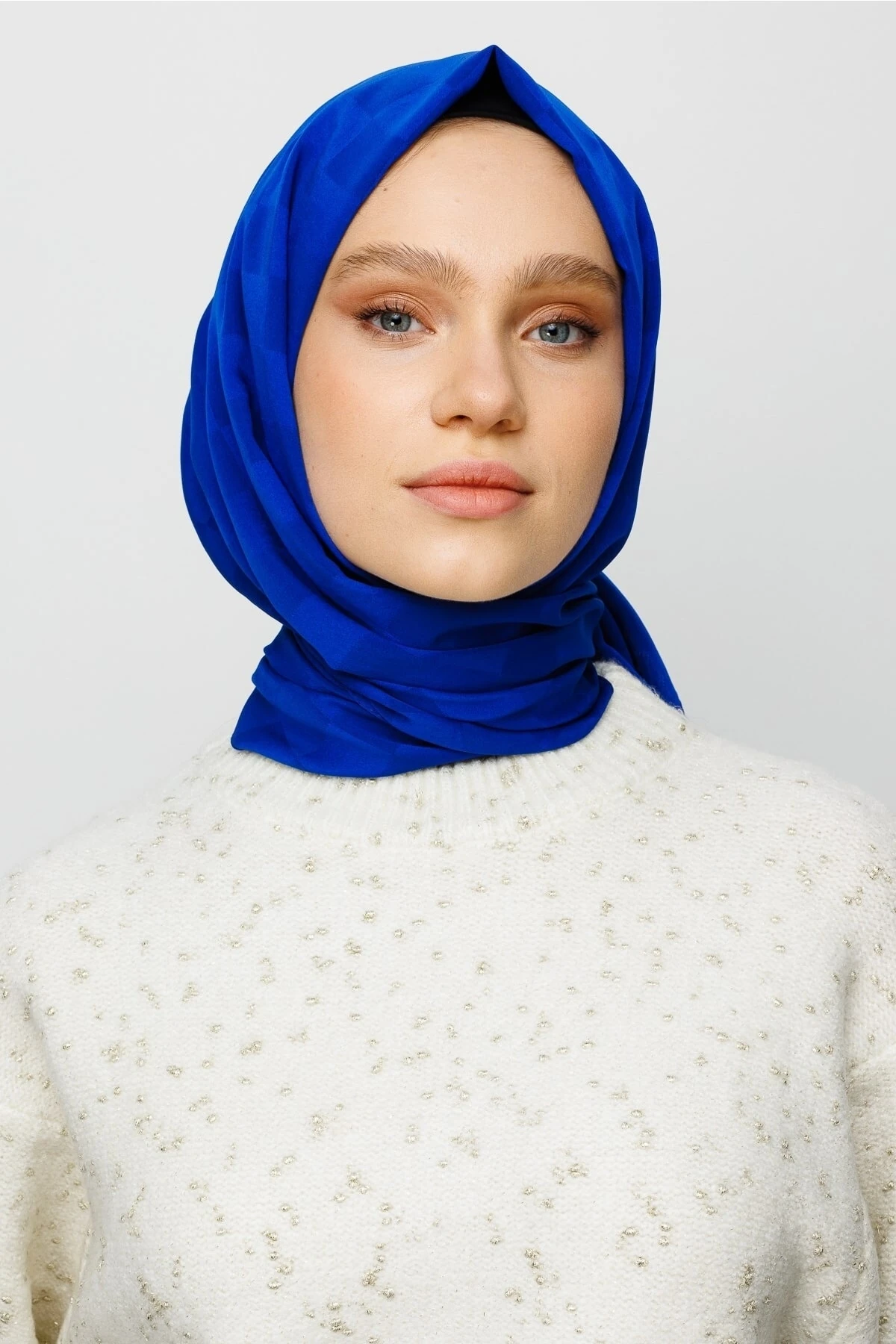 Toptan Dama Desen İpeksi Jakar Şal - Saks Mavi