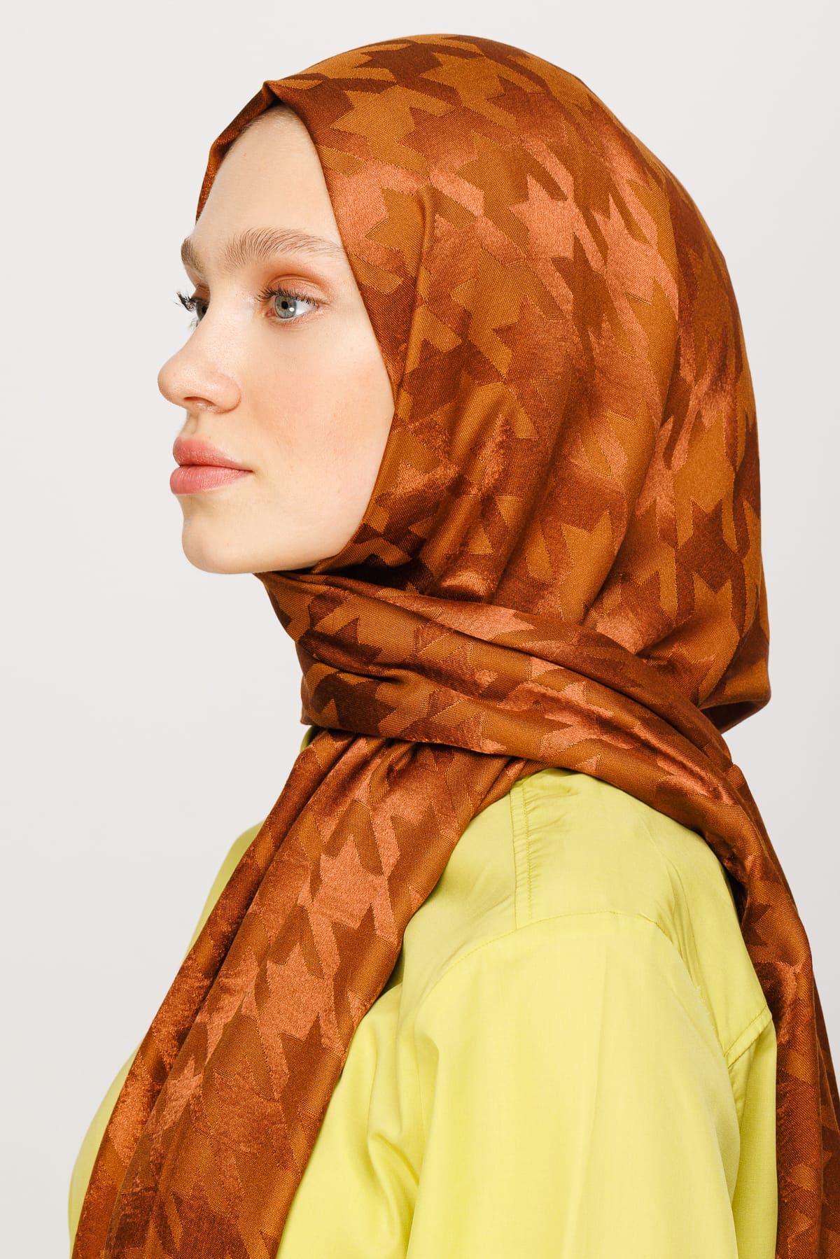 Toptan Kazayağı Desen Parlak Jakar Şal - Bakır