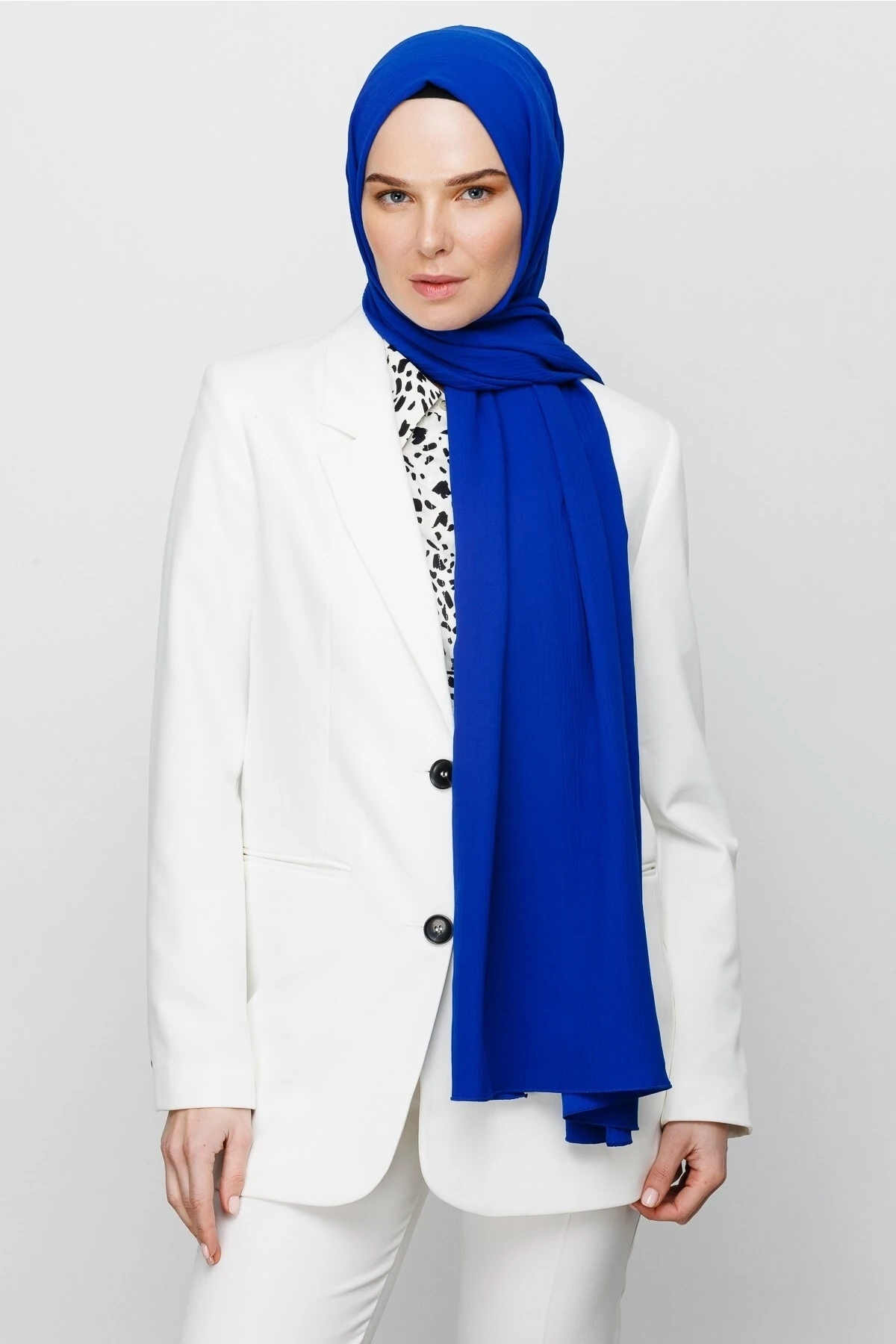 Toptan Krinkıl Medine İpeği Şal - Saks Mavi