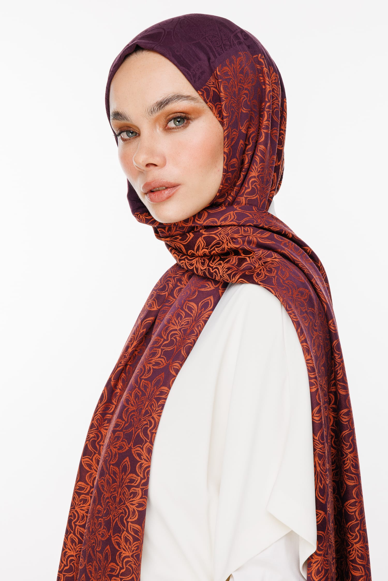Toptan Nora Desen Çift Taraflı Şal - Mor-Turuncu