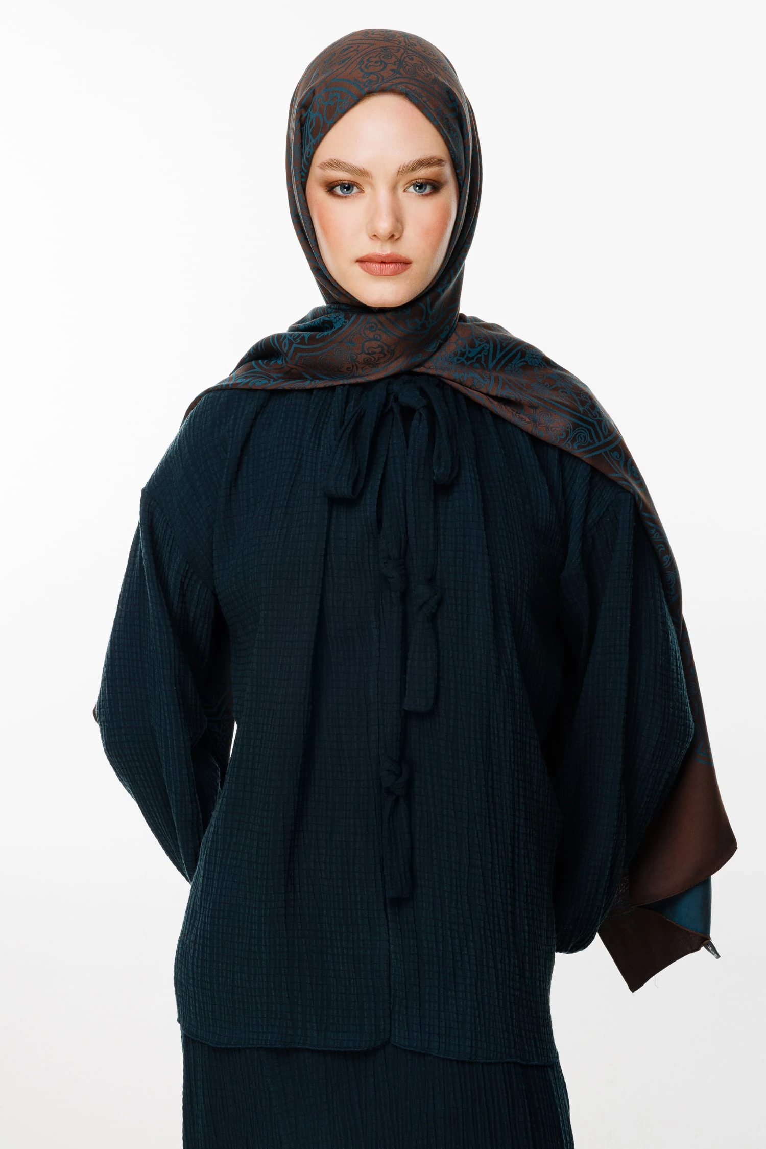 Toptan Morocco Desen Çift Taraflı Şal - Acı Kahve-Petrol Mavisi