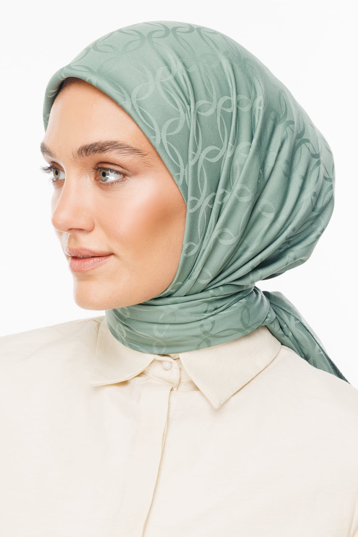 Toptan London Desen İpeksi Jakar Eşarp - Küf Yeşili