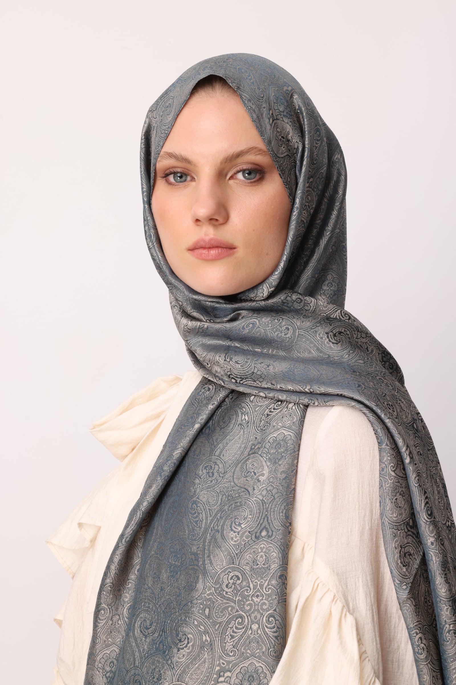 Toptan Moren Desen Shine Line Şal - Petrol Mavisi-Bej