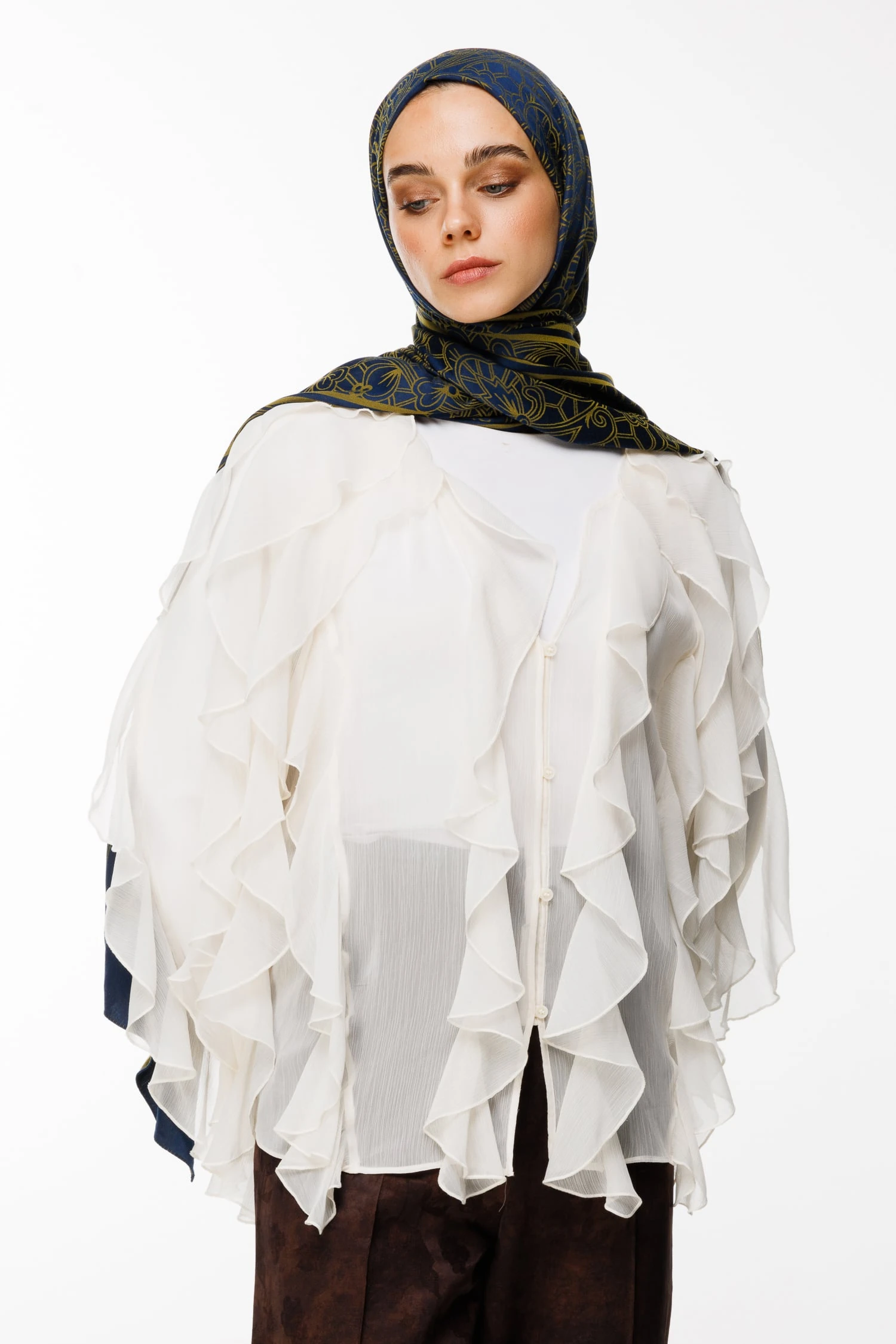 Toptan Lavin Desen Çift Taraflı Şal - Lacivert-Yağ Yeşili