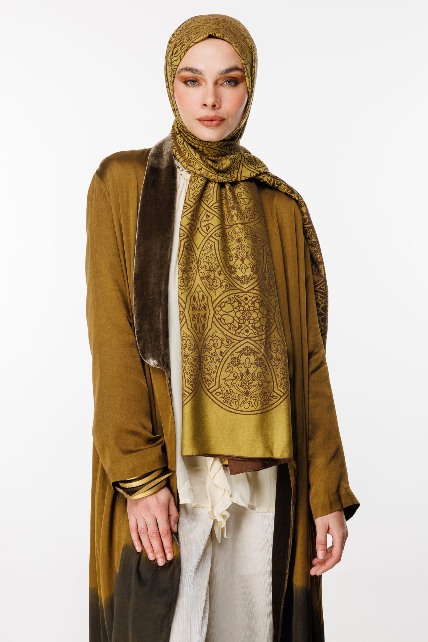 Morocco Pattern Double-Sided Shawl - Bitter Coffee-Salmon