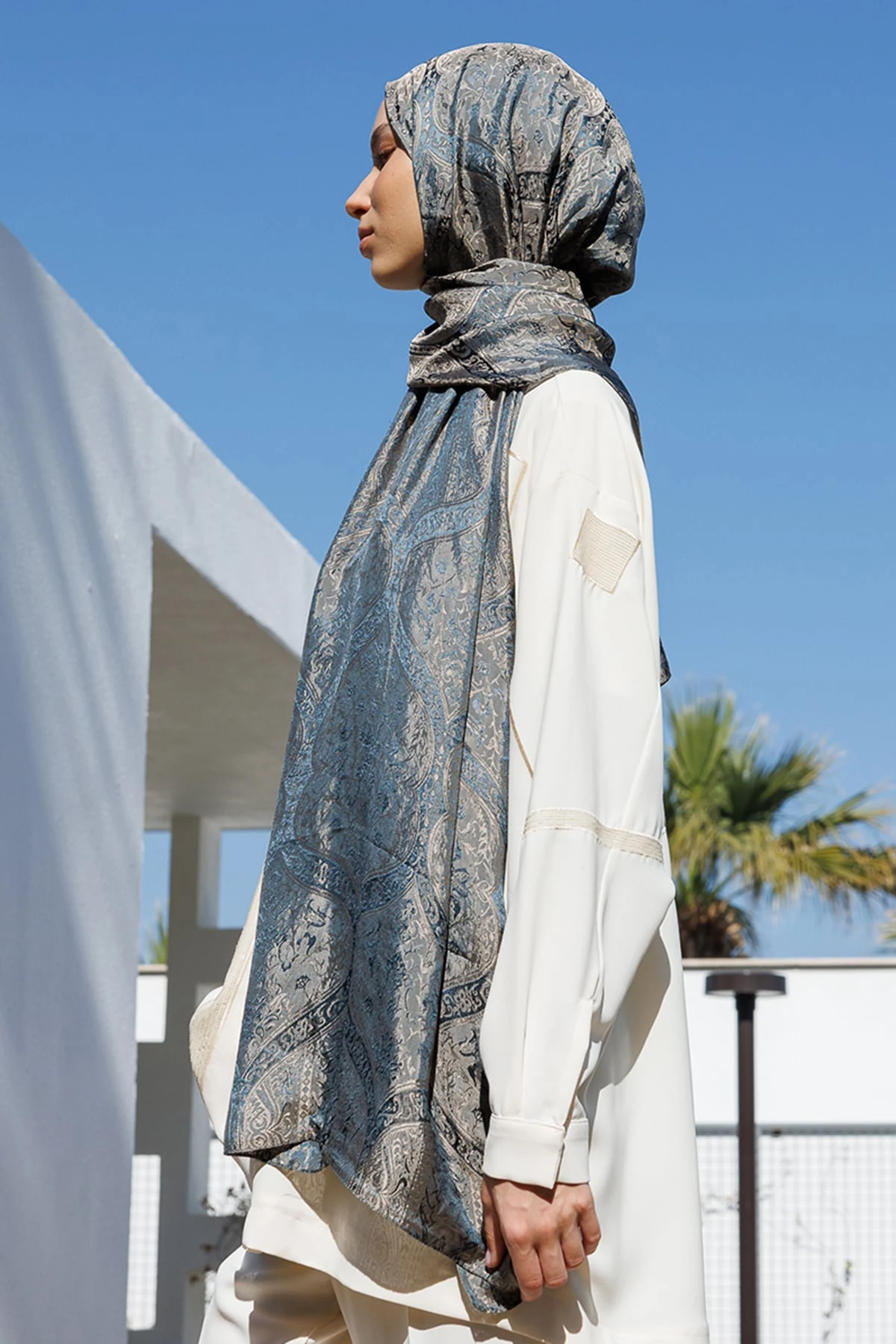 Shline Line Viscose Shawl - Petrol Blue-Beige