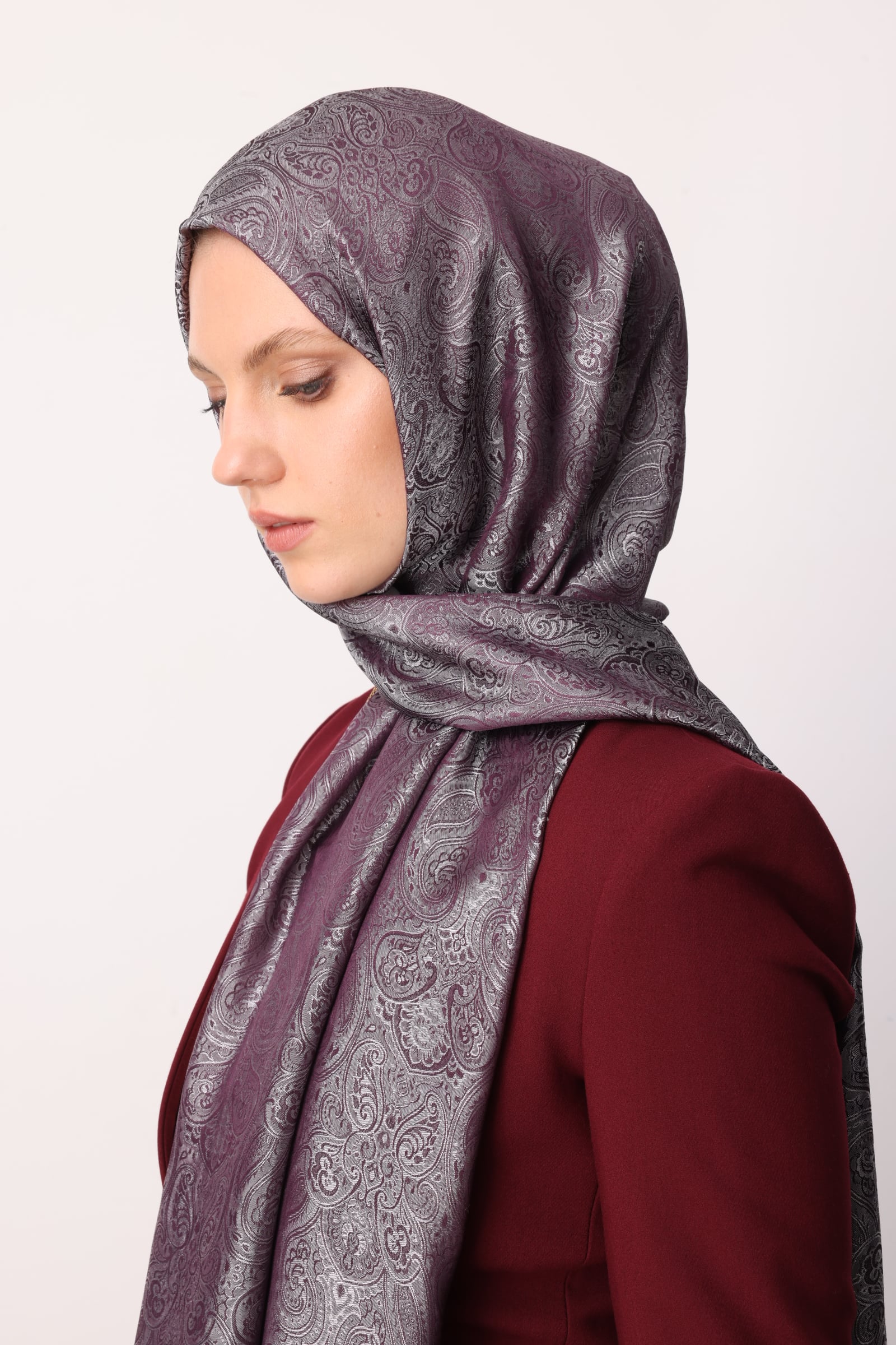 Toptan Moren Desen Shine Line Şal - Mor-Gri