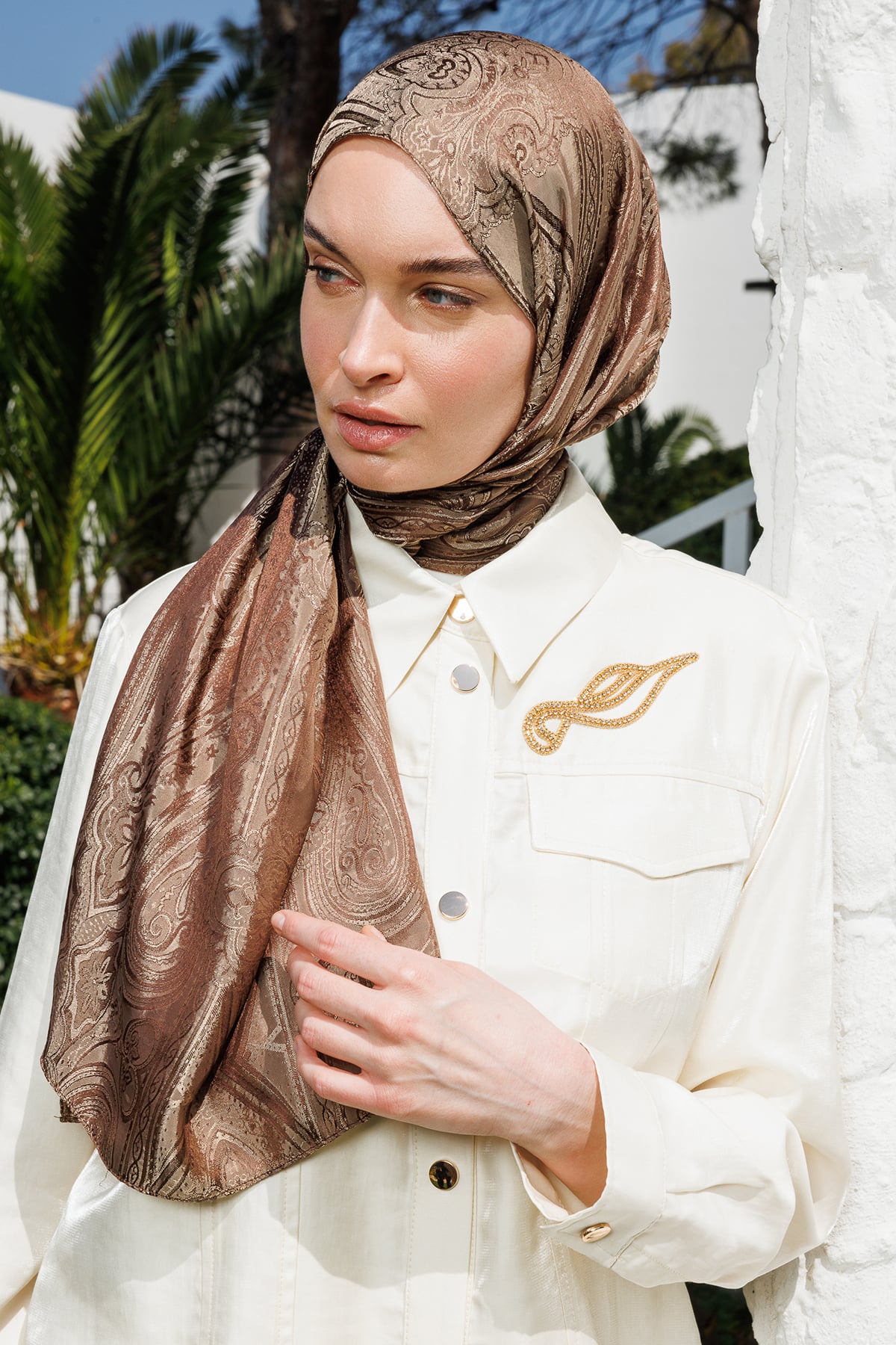 Toptan Liva Desen Shine Line Şal - Acı Kahve-Bej