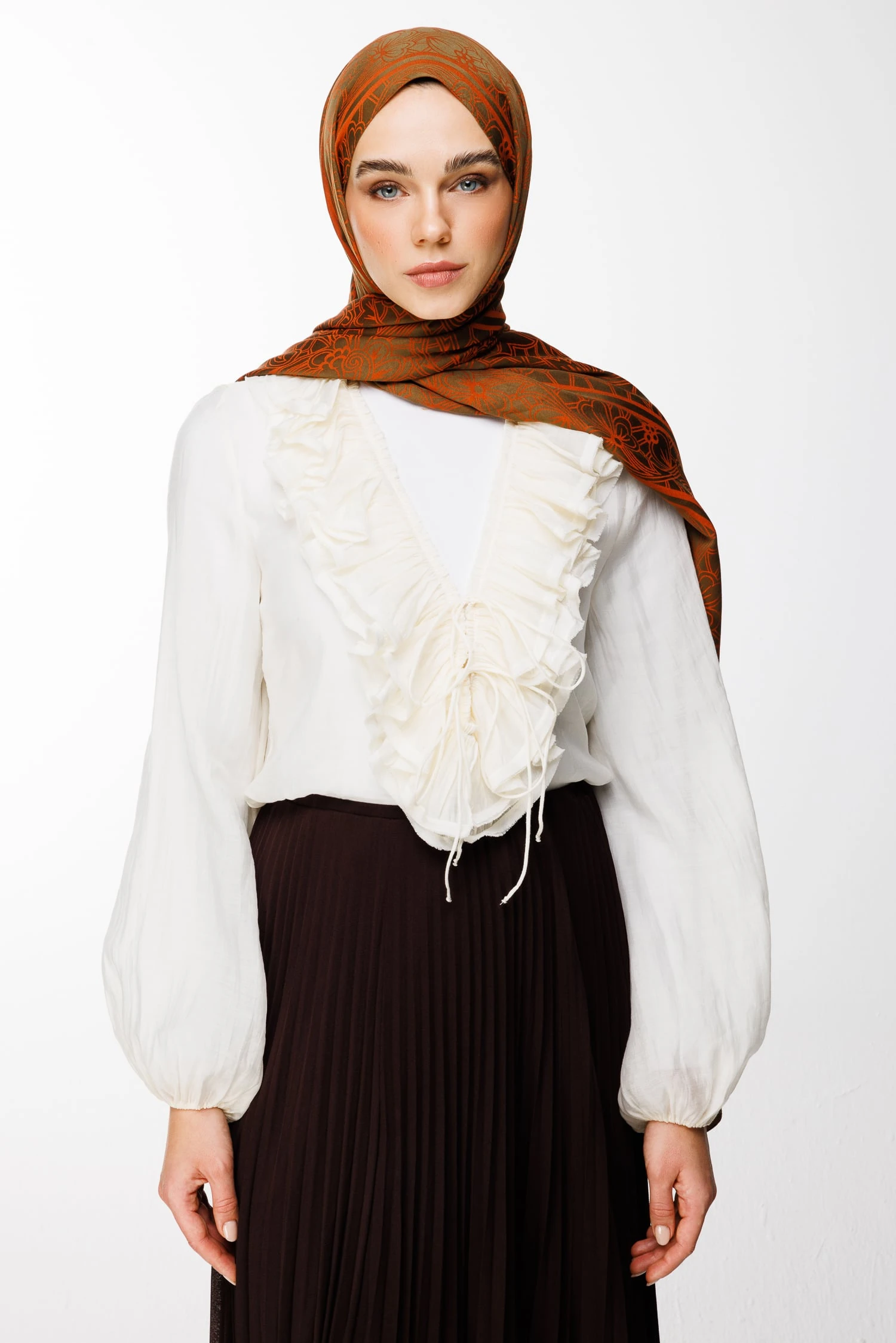 Lavin-Pattern Reversible Shawl - Dark Khaki-Cinnamon