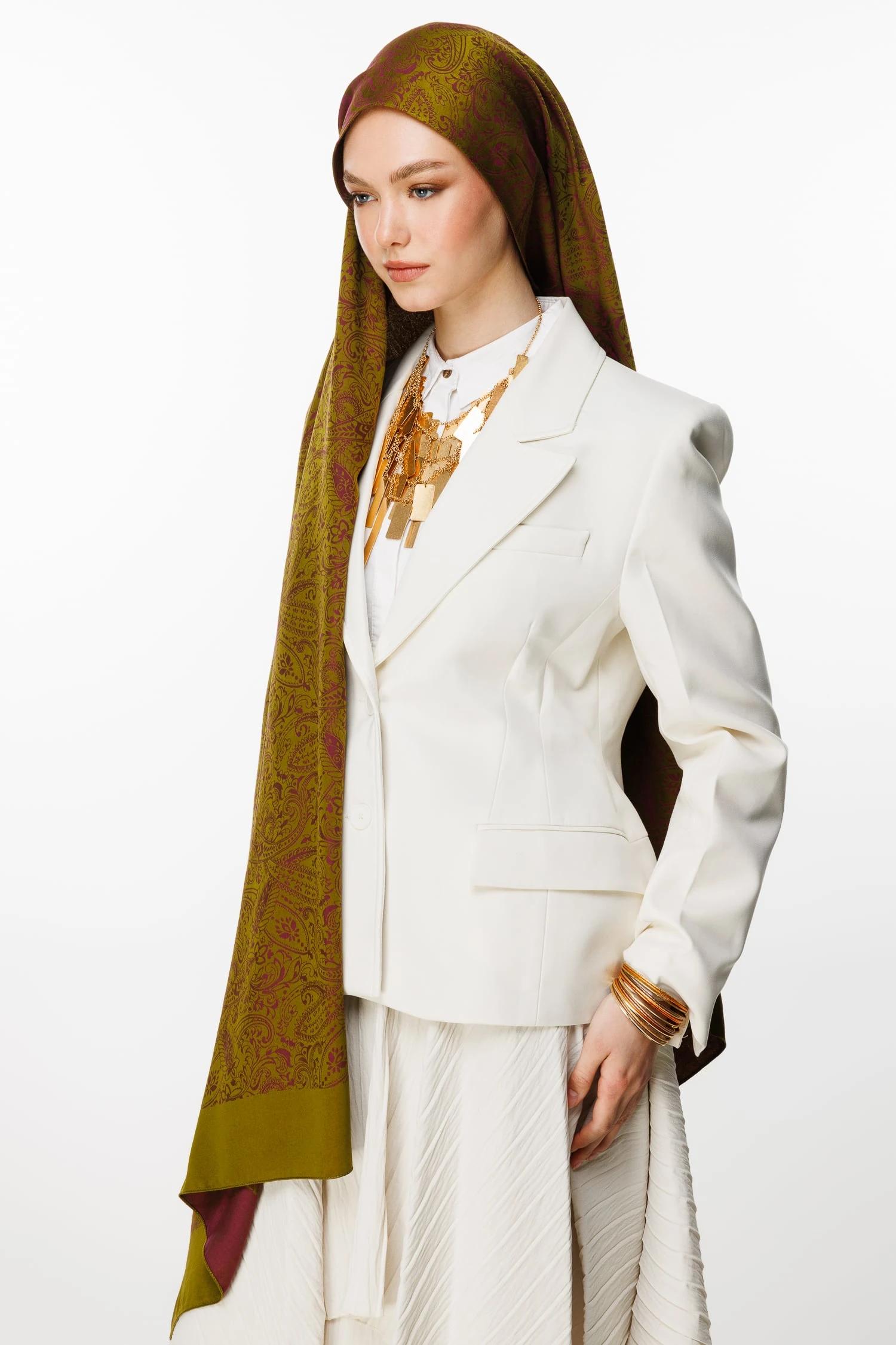 Toptan Velora Desen Çift Taraflı Şal - Yağ Yeşili-Mürdüm