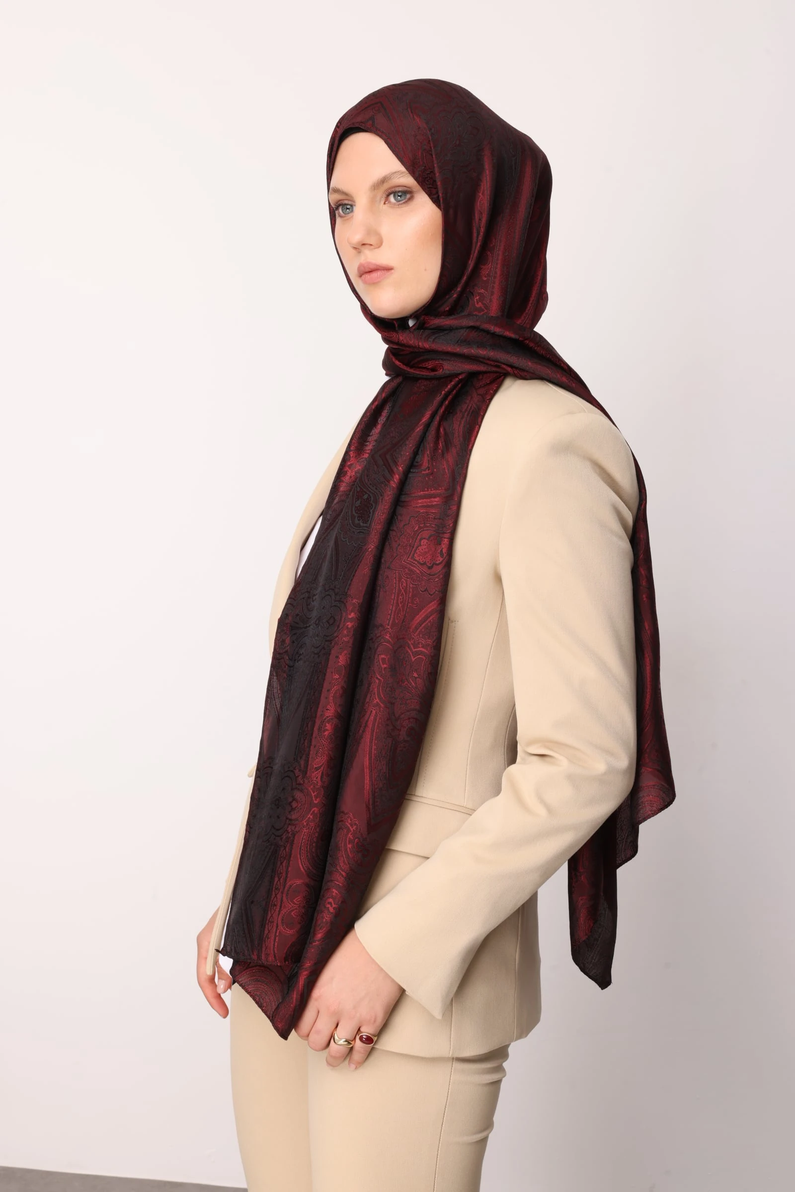 Toptan Liva Desen Shine Line Şal - Siyah-Bordo