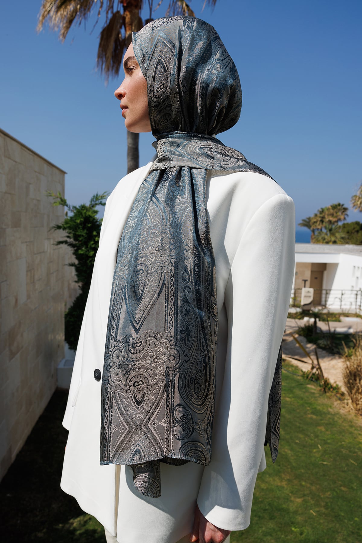 Liva Pattern Shine Line Shawl - Petrol Blue-Beige