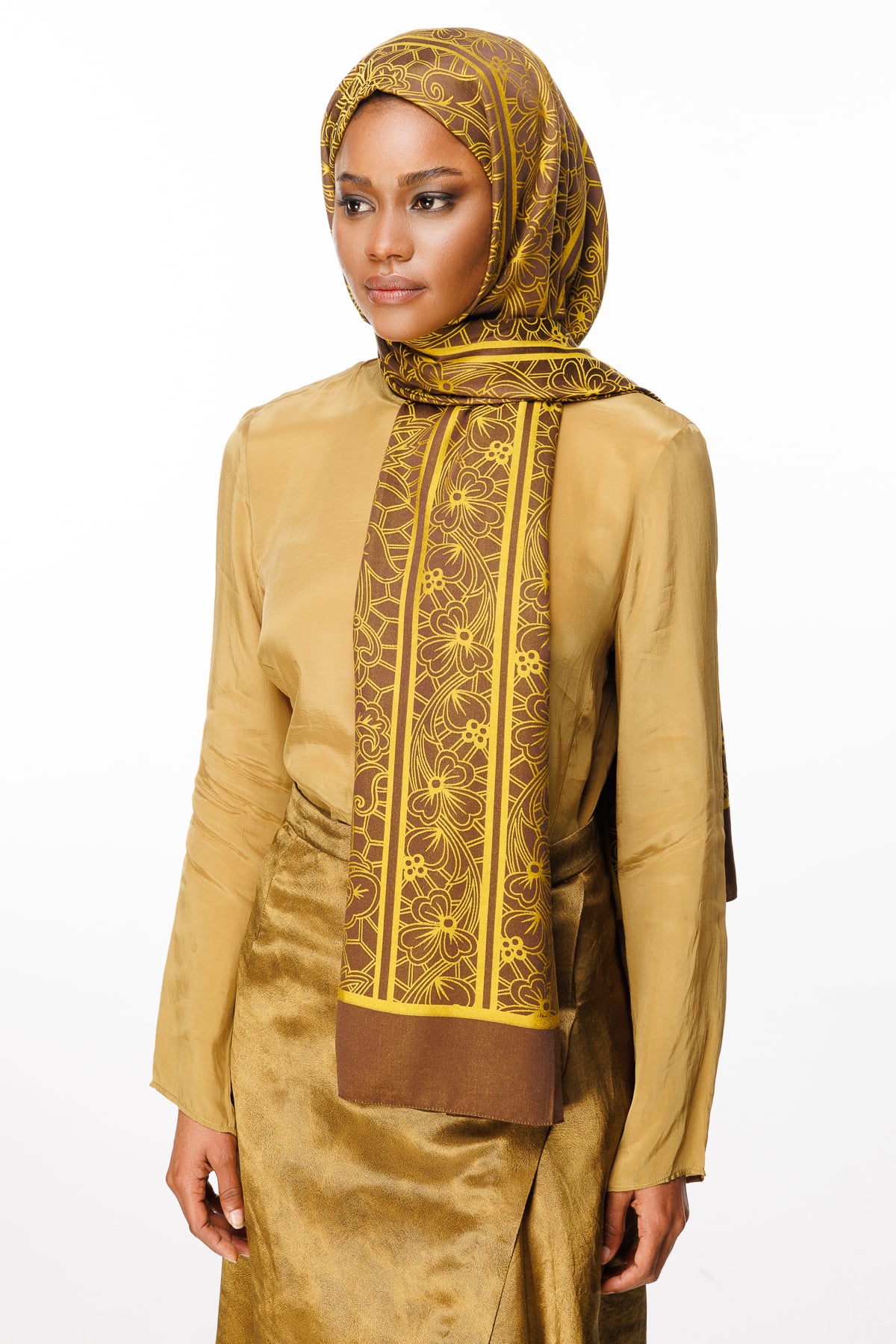 Lavin-Pattern Reversible Shawl - Bitter Coffee-Mustard