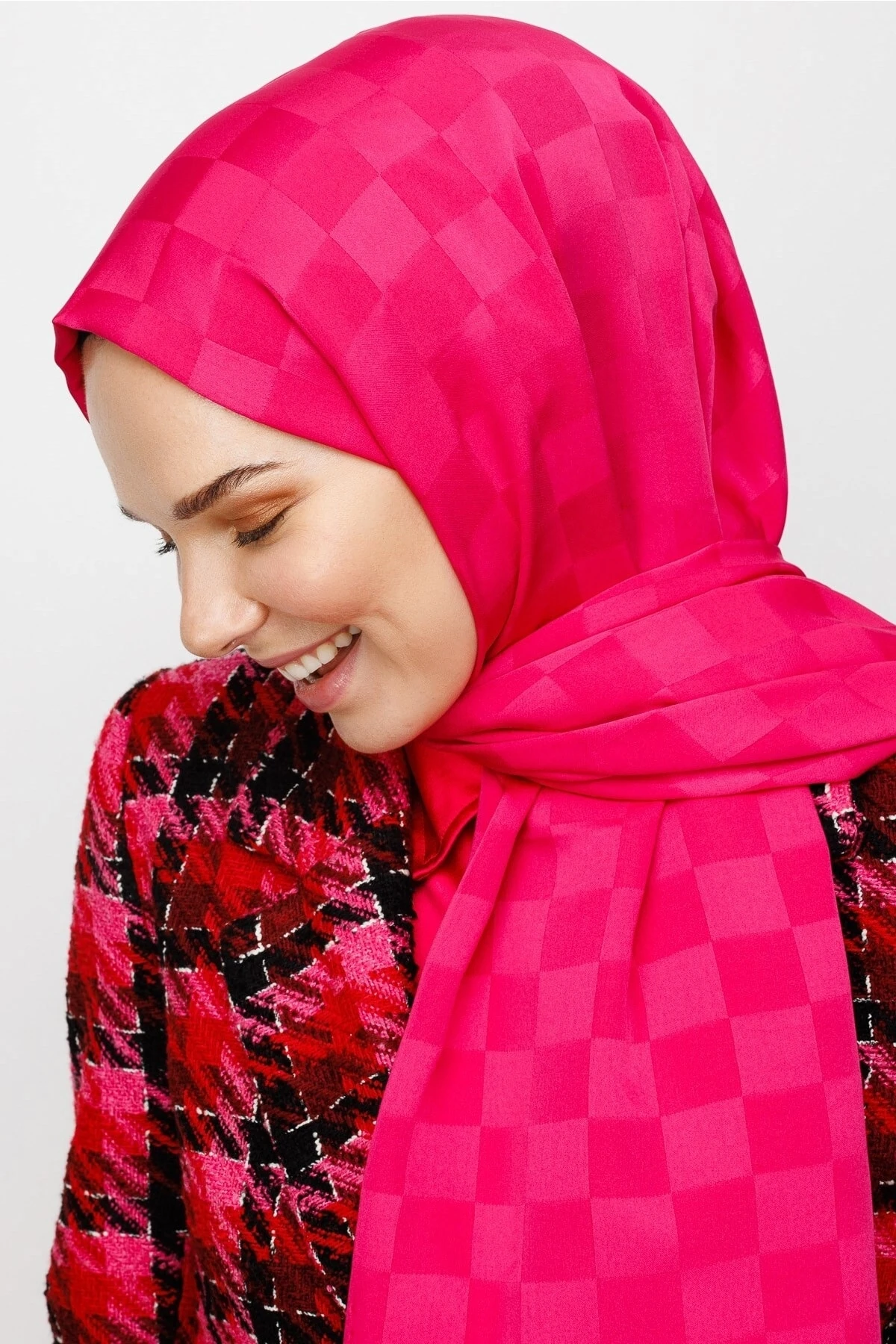 Toptan Dama Desen İpeksi Jakar Şal - Fuşya